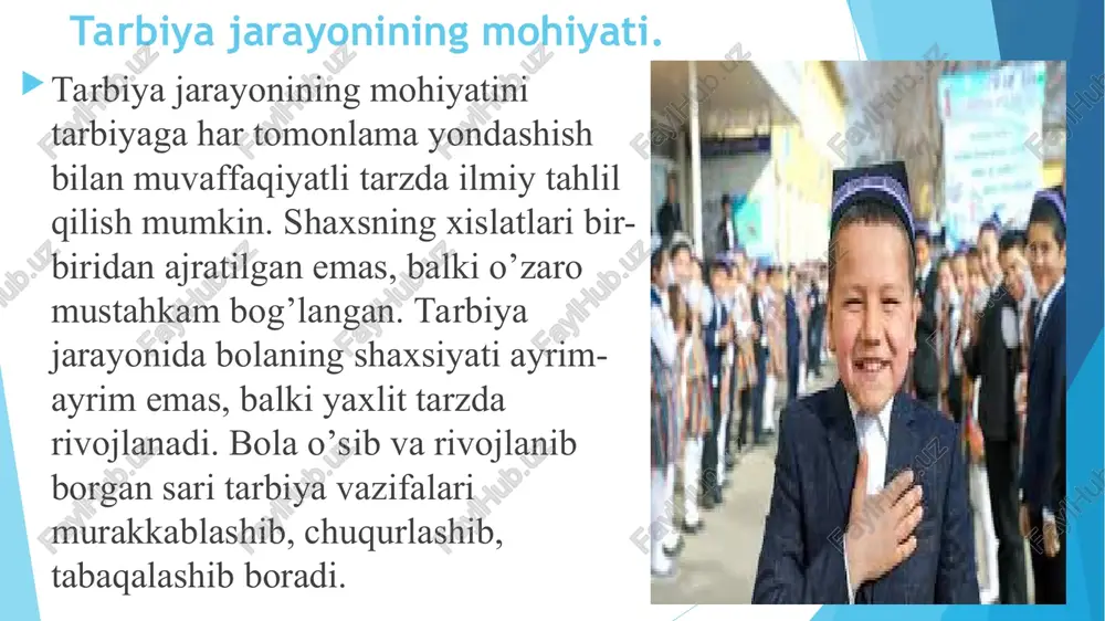 iyatlari, qiziqishlari, o’ziga xos tavsifi o’z qadr-qimmatini anglash tuyg’ulari rivojlantirib borishi zarur. ixtiyoriylik. tarbiyalanuvchilarning iroda erkinligisiz tarbiya g’oyalari mohiyatini qaror toptirish mumkin emas. tarbiya jarayoni, agar u oqilona tashkil etilsa, bir vaqtning o’zida ham o’qituvchi va o’quvchi ma’naviyatining boyitilishiga xizmat qiladi. agar tarbiyachi (o’qituvchi) o’quvchining qiziqishi, faoliyati, o’rtoqlik va fuqarolik burchini anglashi, mustaqillikka intilish tuyg’ularini ko’rib va anglay olsagina uning shaxsiga ta’sir ko’rsatishga yo’naltirilgan faoliyatda samaraga erishadi. jamoat yo’nalishi. tarbiyaviy ishlar mazmunida jamoaga nisbatan ijobiy munosabatni qaror toptirish yotadi. jamoa yordamida shaxsning har tomonlama taraqqiyoti, unda dunyoni anglash va uni to’laqonli talqin etish, insonparvarlik va hamkorlik tuyg’ularining yuzaga kelishi va rivojlanib borishi amalga oshiriladi. zamonaviy pedagogik jarayonda tarbiyalanuvchiga aqliy, estetik, axloqiy, jismoniy, siyosiy, iqtisodiy, mexnat hamda diniy tar­biya olish lozimligini uqtirishning o’zi ham samara beradi. zamonaviy tarbiya mazmuni, g’oyalari yaxlit tarzda quyidagi ko’rinishga ega bo’ladi. tarbiya jarayoni ko’p qirrali jarayon bo’lib unga tarbiya mohi­yatini yoritishga xizmat qiluvchi ichki va tashqi …