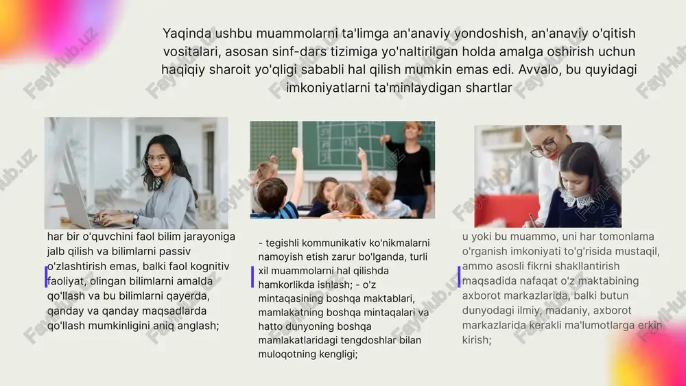 an akademiyasi: w ziyonet portali: hukumat ziyonet portalini 2015 yilda o'quv videolari, audio, flipbooklar va boshqalarni saqlash uchun ishga tushirdi. portaldagi manbalar o'zbek, rus va ingliz kabi 3 tilda mavjud bo'lib, ularga smartfonlar, noutbuklar, ish stollari va planshetlar orqali kirish mumkin w raqamli ta'limning afzalliklari 2019-2021 yillarda o'zbekiston va butun dunyo covid-19 pandemiyasiga qarshi kurashdi, o'zbekistonda raqamli ta'lim mamlakatdagi talabalar uchun yagona ta'lim manbai bo'ldi. o'zbekistonda raqamli ta'limning ba'zi afzalliklari quyida muhokama qilindi: ushbu tashabbus orqali talabalar nafaqat kitob ma'lumotlarini, balki amaliy va texnik bilimlar. o'qish yoki o'qish joyida hech qanday cheklovlar yo'q. raqamli ta'lim orqali talaba onlayn darslarda qatnashishi yoki istalgan joyda, istalgan vaqtda o'qishi mumkin. internetda mavjud bo'lgan o'quv materiallari bilan talabalar har qanday mavzuni tushunishga vaqt ajratishlari mumkin. raqamli ta'lim orqali o'rgani h yanada qiziqarli va qiziqarli bo'li hi mumkin.- talabalar va o'qituvchilar o'rtasida faol. * raqamli ta'lim qo'shimcha vazifasini bajaradi va jismoniy ta'limni to'liq almashtirmaydi ta'lim. …