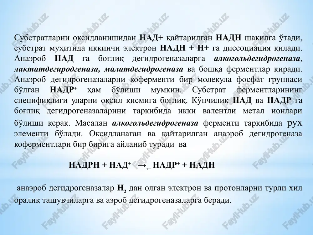tipidagi fermentlarni misol qilib kiritish mumkin. vodorod peroksid (n2o2) va asosan o2 ni superoksid anioni juda zaxarli bulib, hujayradagi maxsus fermentlar ta'sirida n2o va o2 ga transformatsiya bo'lib ketadi. superoksdomutaza katalaza 2o-2 + 2n+---------------------→ o2 + n2o2 2n2o2 ----------------→ 2n2o + o2 tsitoxrom tizimi. tsitoxromlar 1925 yilda d.keylin tamonidan tez oksidlanuvchi va tez qaytariliuvchi birikma sifatid ochilgan. bu gem tutuvchi rangli oqsildir. gem porfirinli halqada temir atomi azot atomi bilan mustahka birikkan modda. o'simlik hujayrasining tarkibida bir birida farq qiluvchi bir necha tsitoxromlar bo'lib, ular tabiatda tsitoxrom a, tsitoxrom a3, tsitoxrom v, tsitoxrom s, tsitoxrom s1 va boshqalar uchiraydi. ikkinchi muhim elektron tashuvchilar guruxini temiroltingurgutli oqsillar tashkil kiladi, ularning molekulasida temirni 2 yoki 4 atom bog'langanidek shunday miqdorda tsistein radikali bilan oltingurgut atomi birikib temiroltingurgutli oqsil markazini hosil qiladi, biroq bu oqsillar xozircha yaxshi o'rganilmagan. oksidazalar ichida tsitoxrom tizimiga kirgan temir tutuvchi fermentlar va elektron tashuvchilar muhim rol o'ynaydi. ularga …