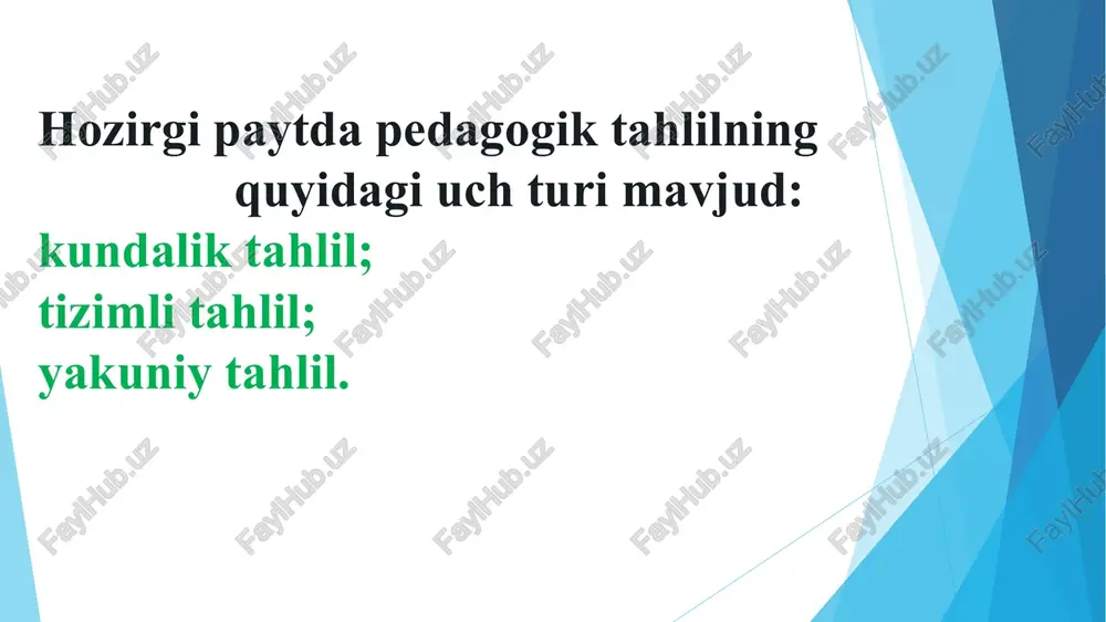 qilish uchun ta’lim muassasalarda direktor yig’ilishlari tashkil etiladi. direktor yig’ili shlarida rahbariyat va o’qituvchilar ishtirok etib qolmay, boshqa ishchi xodimlar ham qatnashishlari mumkin. ta’lim muassasasi o’rinbosarlarining yig’ilishlarida kun dalik savollar va ma’muriy boshqarishga oid masalalar muhokama qilinadi. bunday majlislar ta’lim muassasasi rejasi bo’yicha o’quv yilining choragi (semestri)da yoki har oyda bo’lib o’tadi. tezkor axboriy majlislar ta’lim muassasasida ta’lim jarayonini tashkil etishning zarur shaklidir. tezkor axboriy majlislarning mavzusi mavjud sharoitlardan kelib chiqadi. bu kabi majlislar pedagogik xodimlar, o’quvchilarning barchasi uchun tashkil qilinadi. ichki nazorat ham ta’lim muassasasini boshqarishda alohida o’rin tutadi. nazoratni tashkil etishda yetishmovchilik larni bartaraf etish uchun bir qancha talablarni bilish zarur. bunday talablarga obvektivlik hamjihatlilik, to’ldiruvchilik kabilarni ko’rsatish mumkin. pedagogik boshqaruvga doir adabiyotlarda, ta’lim muassasasi ichki nazoratining quyidagi yo’nalishlarda tashkil etilishi bayon etilgan: pedagogik tashkilotchilikka doir savollarning qo’yilishi. ta’lim dasturlari, dtsning bajarilish sifati. o’quvchilarning bilim, ko’nikma va malakalarining sifati. o’quvchilarning tarbiyalanganlik darajasi. o’qitishning ta’limiy, tarbiyaviy va rivojlantiruvchi funktsiyalarining …