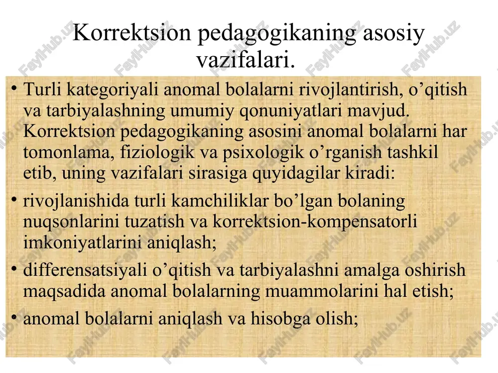 nerv faoliyatining zahira imkoniyatlariga tayanadi. litimoiv reabilitatsiva (yunoncha «rehabilitas» — layoqati, qobiliyatini tiklash) tibbiy-pedagogik mazmunida anomal bolaning psixofiziologik imkoniyatlari darajasida ijtimoiy muhitda ishtirok etishi uchun sharoit yaratish, uni ijtimoiy hayoti va mehnatiga jalb etishni anglatadi. bu korrektsion pedagogika nazariyasi va amaliyotida asosiy vazifa hisoblanadi. •uyg'onish davridan boshlab xix asrning o'rtalarigacha yevropa defektologiya fani va amaliyotida bolaning aqliy rivojlanishidagi nuqsonlar muammosi borasidagi qarashlarning evolyutsion xarakterini anglash mumkin. ruhiy kasallarga nisbatan insonparvarlik yondashuvi ilk bor fransuz shifokori, psixiatori filipp pinel (1745 1826-yillar) tomonidan ilgari surilgan. u ruhiy kasalliklarni klassifikatsiyalagan (turlarga ajratgan). •rivojlanishida nuqsonlar bo'lgan bolalarga nisbatan pedagogik yondashuv 18 asr oxirlari 19 asr boshlarida yuzaga keladi. aqli zaif bolalarni maxsus usullar yordamida o'qitish va tarbiyalash g'oyasini bergan genrix pestalotssi (1746 1827-yillar) asoslagan bo'lsada, biroq, o'z davrida bu fikr qo'llab-quvatlanmadi. i.g.pestalotssi «aqli zaiflar» bilan ishlash tamoyilining mohiyatini asoslab berdi: bolaning imkoni yetgan bilimlarni berish, didaktik materiallardan foydalanishda aqliy va jismoniy tarbiya uyg'unligiga erishish, …
