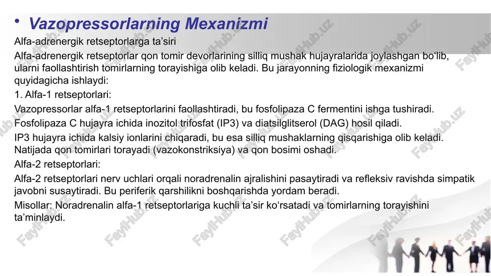 tez yordamda qo‘llaniladigan vazopressorlar adrenalin (epinefrin) qo‘llanilishi: adrenalin asosan shoshilinch holatlarda qo‘llaniladi, jumladan: anafilaktik shok: birinchi tanlov vositasi. yurak to‘xtashi: kardio-pulmoner reanimatsiyada ishlatiladi. bronxospazm: og‘ir astma xurujlarida qo‘llaniladi. septik shok: kuchli yurak qisqarishi talab etilgan hollarda. dozalari: anafilaksiya: o‘tkir holatlarda 0,3–0,5 mg intramuskulyar (im), 5–15 daqiqada qaytariladi. og‘ir holatlarda 0,1 mg intravenoz (iv), kerak bo‘lsa infuziya bilan davom ettiriladi (0,05–0,1 mcg/kg/min). yurak to‘xtashi: har 3–5 daqiqada 1 mg iv yoki io (intraosseoz). bronxospazm: 0,3 mg im yoki ingalatsiya uchun noradrenalin (norepinefrin) qo‘llanilishi: noradrenalin kuchli alfa-adrenergik ta’sir ko‘rsatadi va qon bosimini oshirishda ishlatiladi: septik shok: birinchi tanlov vositasi. kardiogen shok: diuretik va vazodilatatorlar bilan birgalikda. og‘ir gipotoniya: anesteziya yoki jarrohlikda qon bosimini barqarorlashtirish. dozalari: septik va kardiogen shok: 0,05–0,5 mcg/kg/min infuziya orqali. doza bemorning javobiga qarab titrlanadi. og‘ir gipotoniya: 2–12 mcg/min infuziya. yon ta’sirlari: adrenalin yon ta’siri: yurak aritmiyalari (taxikardiya, fibrillatsiya). miokard ishemiyasi. qon bosimining keskin oshishi. tremor, bosh aylanishi va …