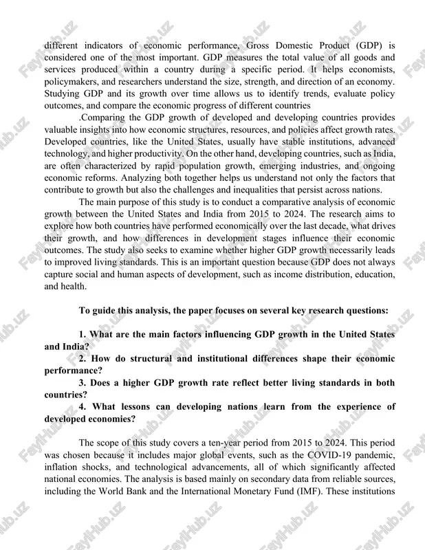 g the world bank and the international monetary fund (imf). these institutions provide consistent and globally comparable economic statistics, which are essential for objective analysis. methodologically, the paper uses descriptive and comparative approaches. it relies on trend analysis to identify growth patterns, and the compound annual growth rate (cagr) method to measure the average pace of economic expansion. graphs and tables are used to visually compare the performance of the two countries. the analysis is mainly quantitative, but it also incorporates qualitative insights from existing literature to interpret the findings more meaningfully. the structure of the paper is organized as follows. after this introduction, the second section reviews the theoretical background and explains the main concepts and models related to gdp and economic growth. the third section discusses the methodology and data sources used in the research. the fourth and fifth sections present country profiles and detailed data analysis for …