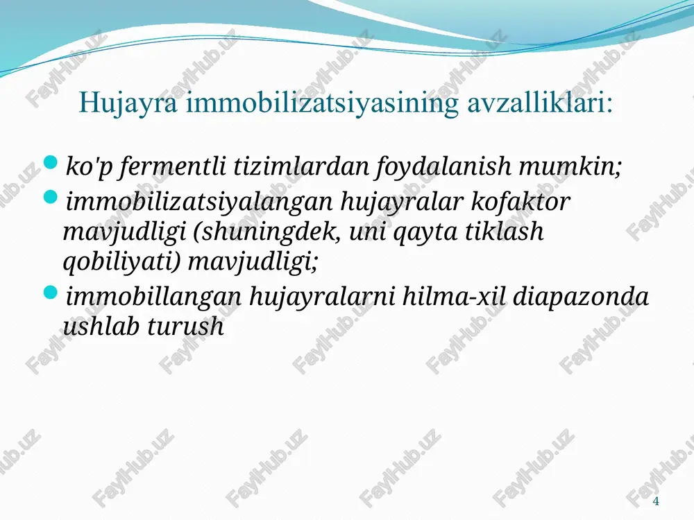 gan deb hisoblash mumkin. sanoat uchun muhim bo'lgan ko'plab mahsulotlar (masalan, antibiotiklar) zamburug’lar tomonidan ikkilamchi metabolizm jarayonida ishlab chiqariladi. mikrobial agregatlarni vinochilik va pivo ishlab chiqarishda uchratish mumkin. kasalxonalardagi o'lim darajasining 41% ga sabab bo'lgan patogen achitqilarlarning biopilyonka shakllanishini o'rganish uchun model sifatida ishlatiladi. flokulyatsiya fenomeni pivo sanoatida birlamchi fermentatsiya oxirida yig'ilgan achitqi hujayralarini pivodan ajratishning oson, qulay va iqtisodiy jihatdan samarali usuli sifatida ishlatiladi. 13 hujayralarning o'z-o'zini agregatsiyasi orqali hujayra immobilizatsiyasi 14 mikroorganizm dasturlar bioreaktor turi bakteriya zymomonas mobilis etanol ishlab chiqarish suyuqlangan qatlamli reaktor zamburug’ aspergillus awamori ferment ishlab chiqarish aralashtirgichli reaktor aspergillus oryzae a-amilaza ishlab chiqarish aralashtirgichli reaktor penicillium chrysogenum penitsillin ishlab chiqarish aralashtirgichli reaktor saccharomyces cerevisiae pivo ishlab chiqarish silindr-konusli aralashtirgich (partiya) trichoderma reesei selulolitik fermentlar aralashtirgichli reaktor 15 sutemizuvchilar hujayralari bhk hujayrasi (chaqaloq hamster buyrak hujayrasi (fibroblast)) rekombinant oqsil aralashtirgichli reaktor neyron ildiz hujayralari hujayra zichligining yuqori kengayishi aralashtirgichli reaktor vero hujayralari (buyrak epitelial hujayralari …