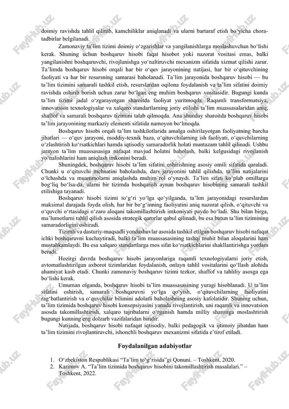 i. demokratik boshqaruv ta’lim muassasasi jamoasida sog‘lom psixologik muhitni yaratadi, o‘qituvchilarda tashabbuskorlikni, o‘quvchilarda esa mas’uliyat va ishonchni shakllantiradi. bu jarayonning samarali kechishi uchun boshqaruv hisobi mexanizmlari aniq va tizimli yo‘lga qo‘yilishi kerak. boshqaruv hisobi jarayonida ta’lim muassasasi rahbari, pedagogik jamoa va yordamchi xodimlar o‘rtasidagi hamkorlik muhim ahamiyatga ega. rahbar tomonidan qabul qilinadigan har bir qaror jamoaning fikri, mavjud holat va istiqboldagi rejalarga tayanishi zarur. shu jihatdan qaraganda, boshqaruvning tizimli yondashuvi asosiy ilmiy usullardan biri sifatida e’tirof etiladi. tizimli yondashuvda ta’lim muassasasi yagona, o‘zaro bog‘langan tarkibiy qismlardan iborat tizim sifatida qaraladi. har bir tarkibiy qism – bu o‘qituvchilar jamoasi, o‘quvchilar, rahbariyat, moddiy-texnik baza, o‘quv dasturlari va tashkiliy resurslar majmuasidir. tizimli yondashuvning asosiy belgilari – yaxlitlik, ichki tuzilma, integratsiyalashuv va tashqi muhit bilan o‘zaro aloqadorlikdir. boshqaruv tizimining yaxlitligi shundan iboratki, uning har bir bo‘lagi umumiy maqsadga xizmat qiladi. agar tizimning bir qismi sust ishlasa, butun tizim samaradorligiga salbiy ta’sir ko‘rsatadi. shu boisdan …