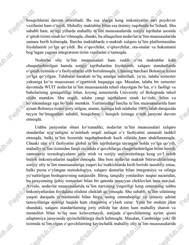 akillari bilan ishlarni tashkil etish; · ta’lim dasturlarining belgilangan darajasini amalga oshirish uchun o‘quv binolarini zarur darsliklar, o‘quv-metodik adabiyotlar va boshqa vositalar hamda jihozlar bilan ta’minlash; · ijtimoiy himoyaga muhtoj oilalarning qobiliyatli va iqtidorli farzandlarini tanlov asosida bepul o‘qishga qabul qilish orqali ularning sifatli bilim olishlariga va jamiyatga uyg‘unlashuviga ko‘maklashish; · ta’lim jarayonini umumiy o‘rta ta’limning davlat ta’lim standartiga muvofiq tashkil etgan, o‘quv dasturlari va o‘quv rejalari bo‘yicha barcha fanlarni o‘zlashtirgan bitiruvchilarga umumiy o‘rta ta’lim to‘g‘risida davlat namunasidagi hujjat berish; · nodavlat umumta’lim tashkilotini attestatsiyadan va davlat akkreditatsiyasidan o‘rnatilgan tartibda o‘tkazish uchun vakolatli organga ariza bilan murojaat qilish.[footnoteref:4] [4: https://lex.uz/ru/docs/-4664567#-4669554 o’zbekiston respublikasi vazirlar mahkamasining qarori, 24.12.2019 yildagi 1028-son] ushbu maqsad va vazifalar orqali xususiy ta’lim muassasalari tashkil etiladi va faoliyatini olib boradi. nodavlat o‘rta ta’lim maktablarida ta’lim berish jarayoni mahalliy maktablardan farq qiladi. ya’ni, nodavlat ta’lim muassasalarida cambridge ta’limi asosida, o‘quvchilarni chuqurlashtirilgan jarayonda o‘qitishadi, ta’lim tili esa xalqaro standartlarga amal …
