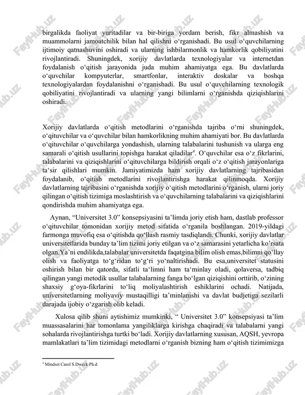 qatnashadilar. 4. texnologiyalar va innovatsiyalar: universitetlar texnologik imkoniyatlardan foydalanib, yangi texnologik vositalar va innovatsion uskunalar orqali ta'lim beradilar. bu usul orqali talabalar mualliflik, muammoli yechish, ijtimoiy tajriba olish va boshqa sohalarda qiziqishlari bo'yicha ma'lumotlarga ega bo‘ladi. 5. global integratsiya: universitetlar xalqaro hamkorlik qilish, tarbiyalash dasturlarini global darajada rivojlantirishga intiladilar. bu usul orqali talabalar xalqaro olimpiadalarga ishtirok etishi, chet elda tadqiqot ishlari olib borishi va boshqa mamlakatlardagi universitetlar bilan almashinuvda bo'ladi. xorijiy davlatlar o'rtasidagi o‘qitish metodlarini o‘rganishda tajriba o‘rni juda katta bo‘ladi. bu davlatlar o‘z o‘qitish tizimlarini va metodlarini yillar davomida rivojlantirgan va ularga bir qadam yetish uchun turli tajribalar o'tkazgan. birinchi bo‘lib, xorijiy davlatlarda amaliyotga asoslangan o‘qitish metodlari paydo bo‘lgan. bu metodlar bilan o‘qitish jarayonida amaliyotga oid masalalar, misollar va mashg‘ulotlar o‘quvchilarga ko‘rsatiladi. bu usul o‘quvchilar uchun nazariy bilimlarni amaliyotga o‘tkazishda juda samarali bo‘ladi.ikkinchi bo‘lib, xorijiy davlatlarda kooperativ o‘qitish metodlari ham keng tarqalgan. bu metodda o‘qituvchilar va o‘quvchilar birgalikda faoliyat …
