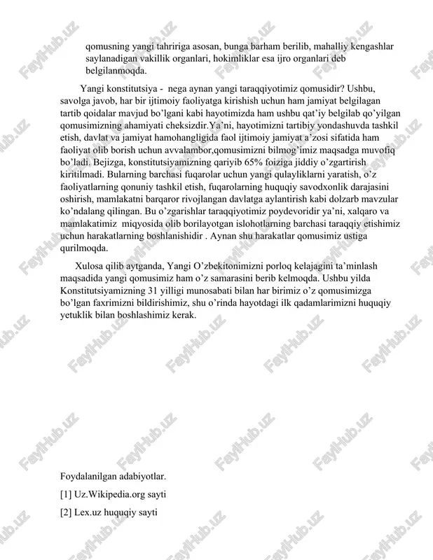 naviy va madaniy salohiyatini saqlash hamda boyitishning asosi sifatida e’tirof etiladi.davlat o‘qituvchilarning sha’ni va qadr-qimmatini himoya qilish, ularning ijtimoiy va moddiy farovonligi, kasbiy jihatdan o‘sishi to‘g‘risida g‘amxo‘rlik qiladi. 7. yer xususiy mulk bo‘lishi mumkin - yer qonunda nazarda tutilgan hamda undan oqilona foydalanishni va uni umummilliy boylik sifatida muhofaza qilishni ta’minlovchi shartlar asosida va tartibda xususiy mulk bo‘lishi mumkin. 8. oav faoliyatiga to‘sqinlik qilish javobgarlikka sabab bo‘ladi - avvalgi konstitutsiyaning “ommaviy axborot vositalari” nomli bobi bitta moddadan iborat edi. unda shunday deyilgandi: “ommaviy axborot vositalari erkindir va qonunga muvofiq ishlaydi. ular axborotning to‘g‘riligi uchun belgilangan tartibda javobgardirlar. senzuraga yo‘l qo‘yilmaydi”. yangi konstitutsiyada esa, bu moddalar soni yana bittaga ortdi. 9. davlat boshqaruvidagi o‘zgarishlar. prezidentning vakolat muddati 7 yil bo‘ldi – bu vakolat 5 yildan 7 yilga cho’zildi. 10. mahalliy davlat hokimiyatidagi o‘zgarishlar. hokimlar kengash raisligidan ketadi - mahalliy davlat boshqaruvida vakillik va ijro etuvchi organlar bir-biridan ajratilmoqda. bu boradagi hozirgi …