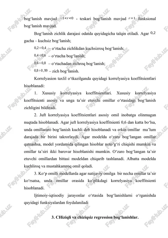 holanadi, soʻngra iqtisodiy-statistik tahlil qilinadi. 4. korrelyasion-regression tahlilda eng kichik kvadratlar usulining qoʻllanilishi. regression modelning parametrlarini baholash bogʻliq oʻzgaruvchi y ning taqsimlanish ehtimolini topishdir. modelda yi normal taqsimlangan va variatsiyasi var (y)=2 ga teng. eng kichik kvadratlar usulida hisoblash tamoyili yilarning xaqiqiy qiymatlarining oʻrtacha qiymatidan farqining kvadrati summasini topishdan iborat. demak: yoki bu erda, s - farqlar kvadratlari summasi. va , qiymatlarini topish uchun s ning va boʻyicha birinchi xosilasini topamiz: har bir xosilani nolga tenglashtirib hisoblab topilgan larning qiymatini hisoblaymiz. yoki bunga ekvivalent ravishda (*) bu tenglamalar eng kichik kvadratlar usulida normal tenglamalar deb ataladi. bunda e eng kichik kvadratlar qoldigʻi: () tenglama larga nisbatan echiladi. bu tenglikni boshqacha koʻrinishda ham yozish mumkin: demak larning qiymati topilgandan soʻng larni birinchi tenglamadan () topamiz. demak, regressiya tenglamasini hisoblash. oddiy regressiya modelini hisoblash. quyidagi jadvalda keltirilgan ma’lumotlar asosida regressiya tenglamasi hisoblanasin. bu erda y - iste’mol harajatlari; x - shaxsiy daromad. …