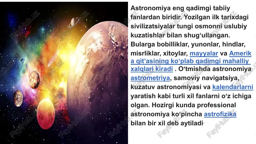 yatlar tashkil qilindi. masalan, xorun rashid hukmronligi davrida (786— 809) «bayt ul-hikmat» («bilim uyi»)ga asos solindi, xalifa ma’mun davrida (813- 833) «bayt ul-hikmat»ning faoliyati yanada rivojlandi. o’rtaosiyolik buyuk olimlar muhammad xorazmiy, ahmad farg’oniy, abbos ibn said javhariy, ahmad ibn abdulloh marvaziy va boshqalar tadqiqotlarini shu akademiyada olib borganlar. xi asrda xorazm poytaxti urganch obod va madaniy shahar edi. xorazmshoh abdulabbos ibn ma’mun bilimli hukmdor bo’lib, olim, shoir, san’atkor, naqqosh va musavvirlarga homiylik qilar edi. urganchda xorazmshohlar saroyida buyuk mutafakkirlar ibn sino va beruniydan tashqari, tarixchi ibn miskavayh, matematik abu nasr iroq, faylasuf abu sahl masihiy, tabib ibn hammor va boshqalar to’plangan edi. urganchda «bilim uyi» - ma’mun akademiyasi tashkil etilib, u yerda xorazmshoh ma’mun homiyligida falsafa riyoziyot va tib ilmlariga oid masalalar muhokama qilinar edi. xulosa qilib aytadigan bo’lsak,astronomiya uzbekistonda ham rivojlangan va keng targ’ib qilingan. e’tiboringfiz uchun rahmat! image2.jpg image1.jpg image10.jpg image4.jpg image3.jpg image9.jpg image5.jpg image12.jpg image11.jpg image7.jpg image6.jpg …