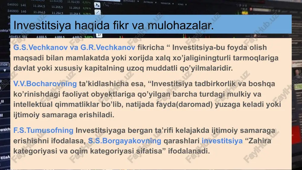 trategik markazlar korxona investitsion strategiyasining ishlab chiqish bosqichlari 1.insvestitsion strategiyani shakllantirishning umumiy davrini aniqlash 4.investitsion resurslar shakllanishining strategik yo’nalishlarini aniqlash 2.investitsion faoliyat strategik maqsadlarni shakllantirish 5.investitsion faoliyat yo’nalish bo’yicha invest siyosatni shakllantirish 3.investitsion faoliyat strategik yo’nalishlari va shakllarini asoslash 6.ishlab chiqilgan investitsion strategiyalar natijaviyligini aniqlash korxonalar investitsion strategiyasi doirasidagi moliyaviy siyosat. real investitsiyalarni boshqarish moliyaviy investitsiyalarni boshqarish investitsion resurslarni shakllantirish investitsion risklarni shakllantirish investitsion strategiyani ishlab chiqish jarayoni korxona moliyaviy tiziming muhim tarkibiy qismi bo’lib o’z ichiga quyidagilarni oladi: 1.investitsion strategiya maqsadlarining qo’yilishi 2.shakllangan investitsion resurslar tarkibini va ular oqilona taqsimlanishini optimallashtirish. 3.investitsion faoliyat eng muhim jihatlari bo’yicha investitsiya siyosatni ishlab chiqish. 4. tashqi investitsiya muhiti bilan o’zaro munosabatlarni saqlash. korxonada investitsion strategiyaning ishlab chiqish prinsiplari muvofiqlik prinsipi kombinatsiyalash prinsipi innovatsion faoliyat asoslanganlik prinsipi investitsion risklarni minimallashtirish prinsipi investitsion moslashuvchanlik va muqobillik prinsipi strategik boshqaruvni asosan tadbirkorlik stiliga yo’naltirish prinsipi e’tiboringiz uchun rahmat! image3.jpg image5.jpg image12.jpg image9.jpg image4.jpg image11.jpg image2.jpg …