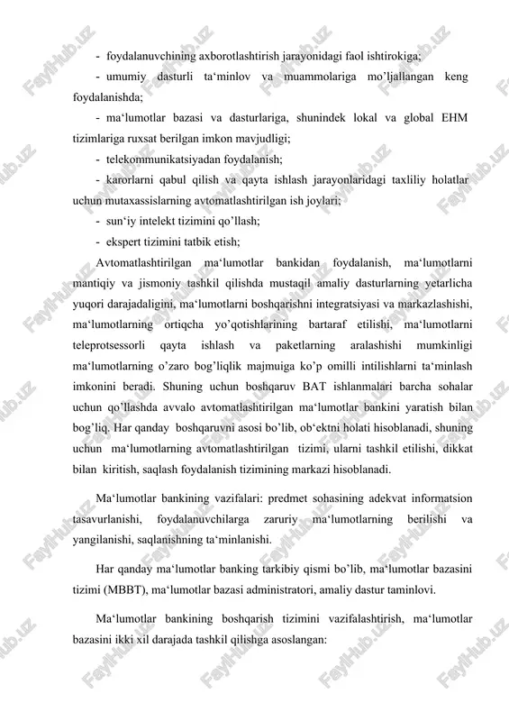 tavsiflarni qayta ishlash xususiyatlari hisobi, diskretli tavsifli ishlab chiqarish korxonalarida avtomatlashtirilgan boshqaruv tizimini qo’llashga maxsuslashgan ma‘lumotlarni bazasini tizimini loyxalashtirish imkonini beradi. ma‘lumotlar bazasini boshqarish tizimining ma‘lum bir sohada qo’llash maqsadida rostlash jarayoni tizimini generatsiya qilish deb ataladi. ma‘lumotlar bazasining boshqarish universal tizimiga masalan, dbase, paradox, misrosoft-assess , oragle, informix va boshqalarga tegishlidir. ma‘lumotlar bazasini boshqarish tizimi ishi ma‘lumotlarni yozishning uch darajasidan foydalanish bilan bog’liq. ma‘lumotlarni jismoniy tashkil etishning yozilishi ma‘lumotlarning umumiy mantiqiy tarkibining yozilishi amaliy dasturlar ma‘lumotlarni modelostilarini yozish o’zviyligi. ma‘lumotlar bazasini boshqarish tizimi bir vaqtning o’zida bir qancha amaliy dasturlarni qayta ishlashni olib boradi, ya‘ni ma‘lumotlarning modelostilariga ega bo’lishi mumkin. avtomatlashtirilgan ma‘lumotlar banklaridan foydalanish ma‘lumotlar bazasi foydalanuvchining bitta shaxsiy kompyuter monopoliya ixtiyorida bo’lishi mumkin. bunday holatda u faqat mazko’r shk xotira diskasiga joylashtiriladi va axborot bazasiga bir vaqtda bir necha foydalanuvchining kirishi ta‘minlanmaydi. shk tarmog’i mavjud bo’lgan holda ko’p foydalanadigan rejimda, «mashina-server»da joylashadigan markazlashgan ma‘lumotlar bazasini saqlash va foydalanish …