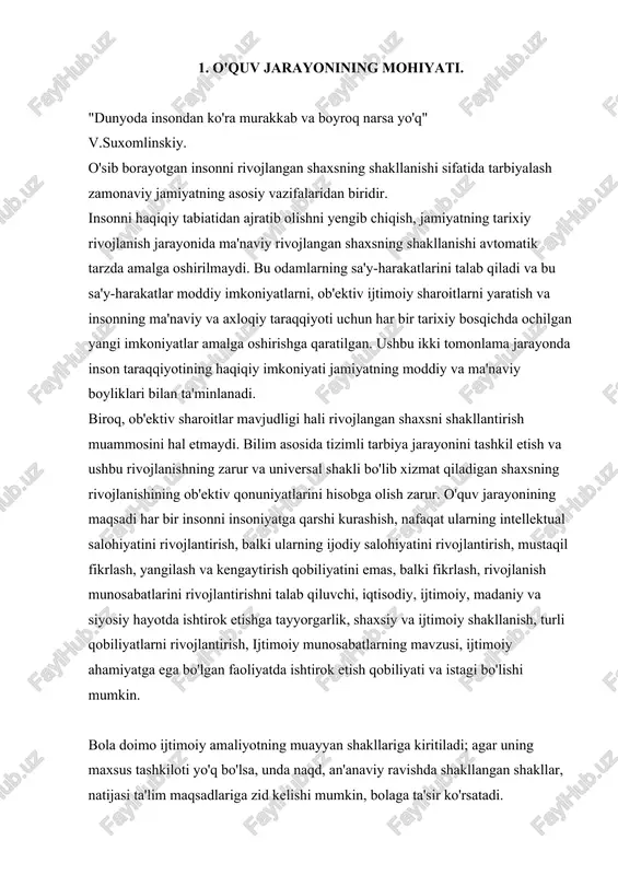 ng samarali ishlashini tashkil etishga qodir ta'lim tizimini o'zgartirishni talab qiladi. ta'lim tizimining ta'lim roli ochiq, maxsus muhokamalar, tahlil va maqsadli tashkilotga aylantirildi. inson sifatida shaxsni shakllantirish jamiyatdan xalq ta'limining muntazam va ongli tarzda takomillashishini, turg'un, an'anaviy, o'z-o'zidan shakllangan shakllarni engib o'tishini talab qiladi. ta'limning mavjud shakllarini o'zgartiradigan bunday amaliyot ontogenez jarayonida bolalarni rivojlanish modellarining ilmiy va nazariy psixologik bilimlariga tayanmasdan o'ylab bo'lmaydi, chunki bunday bilimlarga tayanmasdan, rivojlanish jarayoniga volonteristik, manipulyatsion ta'sir qilish, uning haqiqiy inson tabiatining buzilishi, insonga yaqinlashuvdagi texnikizm xavfi mavjud . bolani tarbiyalashga nisbatan chinakam insonparvarlik nuqtai nazarining mohiyati tarbiya jarayoni ob'ekti emas, balki uning tamoyili sifatida faoliyatining tezisida ifodalangan. bolaning o'z faoliyati ta'lim jarayoni uchun zarur shart-sharoitdir, lekin bu faoliyatning o'zi, uni namoyon qilish shakllari va eng muhimi, uning samaradorligini belgilovchi tatbiq darajasi tarixiy ravishda yaratilgan naqshlar asosida bolada yaratilgan bo'lishi kerak, lekin ularni ko'r-ko'rona takrorlamasdan, balki ijodiy . shunday qilib, pedagogik jarayonni bolaning faoliyatiga rahbarlik …