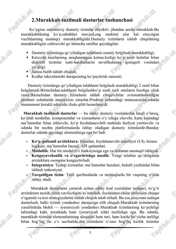 turi obyektli — taxminiy dasturlashning meros qilib olingan mexanizmi orqali amalga oshiriladi. ko‘p darajada tabiiy va texnik tizimlarning aks etishi bo‘lib, dasturiy tizimlar odatda, iyerarxiyali hisoblanadi, ya’ni yuqorida tavsiflangan xususiyatlarga ega. iyerarxiyali tizimlarning bu xususiyatlariga ularni tadqiq qilish yoki yaratishga blokli — iyerarxiyali yondashuv quriladi. bu yondashuv bunday obyektlarning qismlari (bloklar, modullar)ni yaratishni, keyin esa, ulardan obyektning o‘zini qurishni mo‘ljallaydi. murakkab obyektni nisbatan mustaqil qismlarga ajratish jarayoni dekompozitsiya nornini olgan. dekompozitsiyada alohida qismlar ichidagi elementlar aloqasidan ko‘ra kuchsizroq bo‘lishi hisobga olinadi. bundan tashqari, olingan qismlardan ishlab chiqilayotgan obyektni yig‘ish uchun dekompozitsiya jarayonida qismlar o‘rtasidagi aloqalarning barcha turlari belgilanishi kerak. juda murakkab obyektlarni yaratishda dekompozitsiya jarayoni ko‘p marotalab bajariladi: har bir blok, o‘z navbatida, ishlab chiqish nisbatan oson bo‘lgan bloklar olinmaguncha qismlarga ajratiladi. ishlab chiqishning ushbu usuli qadam-baqadam detallashtirish nomini olgan. shunday qilib, blokli iyerarxiyali yondashuv asosida dekompozitsiya qandaydir iyerarxiyali tartiblashtirish mavjud. shuningdek, quyidagi tamoyillar ham muhim ahamiyatga ega: • ziddiyatli …