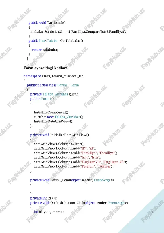am_amallar:tuplam { public tuplam_amallar() : base() { } public list kesishma() { return new list (toplama.intersect(toplamb)); } public list birlashma() { return new list (toplama.union(toplamb)); } public list ayirma() { return new list (toplama.except(toplamb)); } } } form oynasidagi kodlar namespace vorislik_mustaqil_ishi { public partial class form1 : form { private tuplam_amallar toplamamallari; public form1() { initializecomponent(); toplamamallari = new tuplam_amallar(); } private void form1_load(object sender, eventargs e) { } private void a_qoshish_but_click(object sender, eventargs e) { int element = convert.toint32(txt_a.text); toplamamallari.addelementtoa(element); txt_a.clear(); updatelists(); } private void b_qoshish_but_click(object sender, eventargs e) { int element = convert.toint32(txt_b.text); toplamamallari.addelementtob(element); txt_b.clear(); updatelists(); } private void a_top_uchir_click(object sender, eventargs e) { int element = convert.toint32(txt_a.text); toplamamallari.removeelementfroma(element); txt_a.clear(); updatelists(); } private void b_uchirish_but_click(object sender, eventargs e) { int element = convert.toint32(txt_b.text); toplamamallari.removeelementfromb(element); txt_b.clear(); updatelists(); } private void button7_click(object sender, eventargs e) { var union = toplamamallari.birlashma(); natija.items.clear(); natija.items.add("birlashma:"); foreach (var item in union) { natija.items.add(item); …