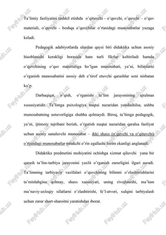 halar. didaktika uchun “umumiy va alohida”, “mohiyati va hodisa”, “qarama-qarshilik”, “bog’liqligi” kabi va boshqa falsafiy tushunchalar ham muhim ahamiyatga ega. didaktika tomonidan foydalaniladigan umumfan tushunchalari orasida “tizim”, “struktura”, “vazifa”, “element” kabilar aloshida o’rin tutadi. pedagogikaga xos didaktik tushunchalar sirasiga quyidagilar kiradi: “ta’lim”, “dars berish”, “bilim olish”, “ta’lim jarayoni”, “o’quv fani”, “ta’lim mazmuni” va boshqalar. didaktikada turdosh fanlarga xos bo’lgan tushunchalar ham qo’llaniladi: “idrok etish”, “o’zlashtirishi”, “mahorat”, “rivojlanish” va boshqalar (psixologiya) hamda “boshqarish”, “qayta aloqa” (kibernetika). didaktikaning tushunchali-terminologik tizimi muntazam yangilanib va to’ldirilib borilmoqda. didaktikaning asosiy kategoriyalari quyidagilardan iborat: dars o’tish, bilim olish, ta’lim, bilim, ko’nikma, malaka, ta’lim maqsadi, mazmuni, ta’lim jarayoni, ta’lim jarayonini tashkil etish, ta’lim turlari, shakllari, metodlari va vositalari, ta’lim natijasi. so’nggi paytlarda asosiy didaktik kategoriyalar sirasiga ta’limning didaktik tizimi va ta’lim texnologiyasi kabi tushunchalarni ham kiritish taklifi ilgari surilmoqda. bilim olish – idrok etish, o’rganish, mashq qilish va egallangan tajriba asosida xulq va faoliyatda yangi shakllarning yuzaga …