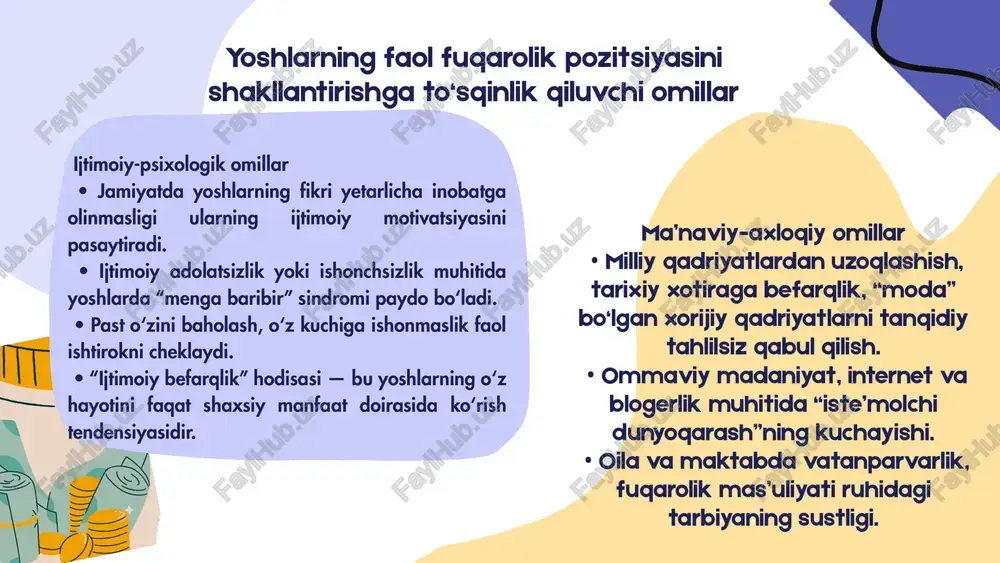 ikatsiya inqirozi” bosqichi aynan o‘smirlik va ilk yoshlik davrida yuzaga chiqadi. bu davrda jamiyatdan ijobiy turtki va qo‘llab-quvvatlash olgan yoshlar faol fuqaroga aylanadi, befarq muhitda esa passivlik rivojlanadi. • psixologik jihatdan ijtimoiy adolat, tan olinishi, o‘z fikrining qadrlanishi yoshning ijtimoiy faolligini oshiradi. pedagogik shart-sharoitlar: 1. integrativ yondashuv — fuqarolik madaniyatini nafaqat alohida fanlarda, balki barcha ta’lim jarayonlariga singdirish. 2. interaktiv ta’lim — munozara, loyiha, debat, ijtimoiy amaliyot orqali yoshlarning ishtirokini ta’minlash. 3. shaxsga yo‘naltirilgan yondashuv — har bir talabaning shaxsiy fikrini, tashabbusini qadrlash. 4. o‘qituvchi shaxsining namunasi — o‘qituvchining jamiyatga nisbatan mas’uliyatli, vatanparvar pozitsiyasi yoshlar uchun eng kuchli tarbiyaviy omildir. sotsiologik omillar fuqarolik faolligi — bu faqat shaxsiy ong natijasi emas, balki ijtimoiy muhit mahsulidir. • jamiyatda ijtimoiy adolat, huquq ustuvorligi, axborot shaffofligi mavjud bo‘lsa, yoshlar ijtimoiy hayotda faol bo‘ladi. • aksincha, byurokratiya, korrupsiya, tengsizlik hukm surgan muhitda yoshlar ijtimoiy faollikdan uzoqlashadi. • sotsiologlar ta’kidlaydilarki, yoshlarning fuqarolik ishtiroki — bu …