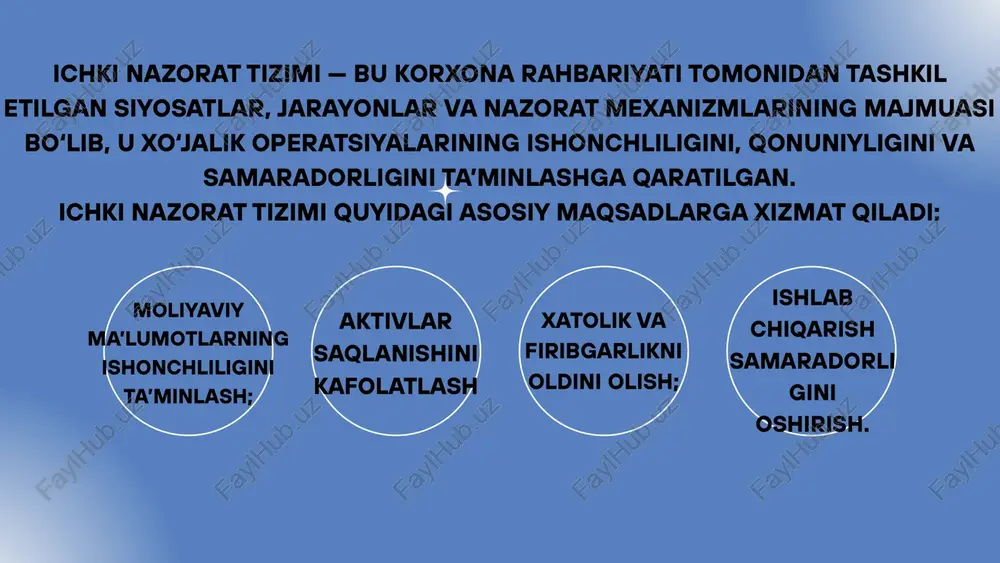natijalariga asoslanib auditorlik rejasini tuzish ichki nazorat tizimi ishonchli deb baholansa: • auditorlik tavakkalchiligi past deb olinadi; • namuna hajmi kichrayadi; • analitik protseduralar ustuvor bo‘ladi. ichki nazorat tizimi zaif bo‘lsa: • nazorat tavakkalchiligi yuqori hisoblanadi; • qo‘shimcha dalillar va testlar zarur; • auditorlik ishining hajmi kengaytiriladi. audit xalqaro standarti (isa 400) auditorlardan audit tavakkalchiligini baholashni rejalashtirishning ajralmas bosqichi sifatida ko‘radi. ushbu model auditorlik jarayonining barcha bosqichlarida nazorat sifatini va dalillar ishonchliligini belgilaydi. auditorlik tavakkalchiligi quyidagicha ifodalanadi: ar = ir × cr × dr bu model auditorning qaror qabul qilishida asosiy vosita hisoblanadi, chunki u auditning qanchalik chuqur o‘tkazilishini aniqlaydi. isa 400 auditorlardan faqat matematik tahlil emas, balki professional fikr va tajribaga asoslangan baholashni ham talab qiladi. auditor quyidagilarni e’tiborga oladi: • soha tavakkalchiligi va iqtisodiy muhit; • ichki nazorat tizimining tarixiy natijalari; • xodimlar malakasi va rahbariyat halolligi; • oldingi audit natijalari. tavakkalchilik baholashda auditorlik professional mulohazasi auditorlik tavakkalchiligini …