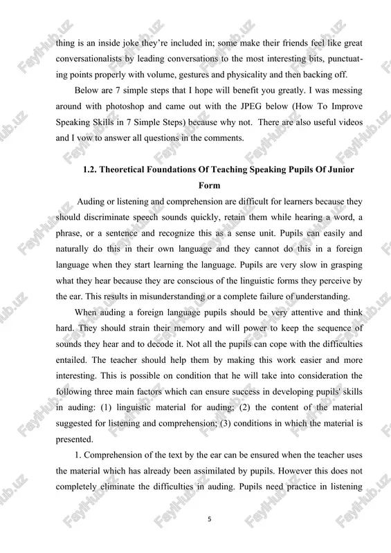 e success in developing pupils' skills in auding: (1) linguistic material for auding; (2) the content of the material suggested for listening and comprehension; (3) conditions in which the material is presented. 1. comprehension of the text by the ear can be ensured when the teacher uses the material which has already been assimilated by pupils. however this does not completely eliminate the difficulties in auding. pupils need practice in listening and comprehension in the target language to be able to overcome three kinds of difficulties: phonetic, lexical, and grammatical.[4] phonetic difficulties appear because the phonic system of english and russian differ greatly. the hearer often interprets the sounds of a foreign language as if they were of his own language which usually results in misunderstanding. the following opposites present much trouble to beginners in learning english: θ — s tr — tƒ a — o s — z a: …