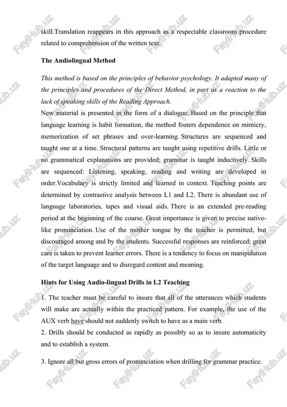 ed pattern. for example, the use of the aux verb have should not suddenly switch to have as a main verb. 2. drills should be conducted as rapidly as possibly so as to insure automaticity and to establish a system. 3. ignore all but gross errors of pronunciation when drilling for grammar practice. 4. use of shortcuts to keep the pace o drills at a maximum. use hand motions, signal cards, notes, etc. to cue response. you are a choir director. 5. use normal english stress, intonation, and juncture patterns conscientiously. 6. drill material should always be meaningful. if the content words are not known, teach their meanings. 7. intersperse short periods of drill (about 10 minutes) with very brief alternative activities to avoid fatigue and boredom. 8. introduce the drill in this way: a. focus (by writing on the board, for example) b. exemplify (by speaking model sentences) c. …