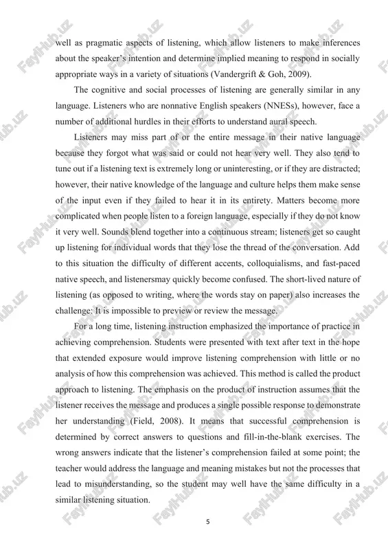 t even if they failed to hear it in its entirety. matters become more complicated when people listen to a foreign language, especially if they do not know it very well. sounds blend together into a continuous stream; listeners get so caught up listening for individual words that they lose the thread of the conversation. add to this situation the difficulty of different accents, colloquialisms, and fast-paced native speech, and listenersmay quickly become confused. the short-lived nature of listening (as opposed to writing, where the words stay on paper) also increases the challenge: it is impossible to preview or review the message. for a long time, listening instruction emphasized the importance of practice in achieving comprehension. students were presented with text after text in the hope that extended exposure would improve listening comprehension with little or no analysis of how this comprehension was achieved. this method is called the product …