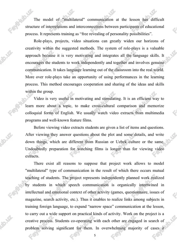 ealized by students in which speech communication is organically intertwined in intellectual and emotional context of other activity (games, questionnaire, issues of magazine, search activity, etc.). thus it enables to realize links among subjects in training foreign language, to expand “narrow space” communication at the lesson, to carry out a wide support on practical kinds of activity. work on the project is a creative process. students co-operating with each other are engaged in search of problem solving significant for them. in overwhelming majority of cases it demands from students an independent transfer of knowledge, skills and abilities to a new context of their use. therefore it is possible to confirm with confidence that at students there develops a creative competence as an indicator of communicative foreign language skills at certain level. thus in educational process such situation is created in which the use of a foreign language by students is …