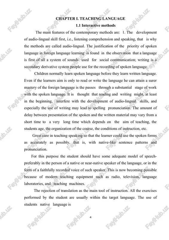 nformation (reading) and sending information (writing). 3. these features of contemporary methods may be illustrated by fries' american english series. all these are reproduced by native speakers. students "receive", the material through audio and visual perception, i.e., they see a picture (a series of pictures) on a screen or in the book and listen to the conversation from a tape-recorder. they assimilate the material by, memorizing the language and the situations in which this material can be used. the work takes the student though the following stages: (1) receptive stage; the student listens to the conversation 2- 3 times and tries to grasp it; (2) reproductive stage; the student reproduces the phrases and sentences said by the speakers. typically the material memorized consists of dialogues that the student can act out. the whole course includes a lot of conversation within a set of everyday situations. students are taught reading and …