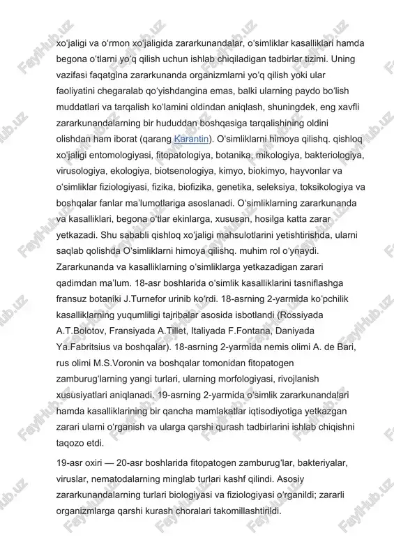 vositalar qoʻllab oʻsimliklarga ishlov berish kabi choratadbirlar sistemasini rejali ravishda qoʻllab erishiladi. zararkunanda, kasalliklar va begona oʻtlarga qarshi bir qancha kurash usullari qoʻllanadi. oʻsimliklarni agrotexnik himoya usuli tashkiliyxoʻjalik va ekinlar parvarishining texnik usullari, shuningdek, qishloq xoʻjaligi mahsulotlarini saqlash yoʻllari, yaʼni zararkunandalarning koʻpayishi va toʻplanishi, kasalliklarning rivojlanishiga qarshi kurash usullari (ekish muddati va usullari, tuproqqa ishlov berish, oʻgʻit solish normalari, begona oʻtlarga qarshi kurash, almashlab ekish, melioratsiya)ni oʻz ichiga oladi. mexanik va fizik himoya usullarita zararkunandaning qishloq xoʻjaligi oʻsimliklari ichiga kirishiga qarshilik qiluvchi usullar (zararkunandani tutib olish, kuydirish, muzlatish, suv bostirish, elektr toki taʼsirida yoʻq qilish va shu kabilar) kiradi. zararkunandalarni jalb etib, soʻngra nobud qilish uchun yorugʻlik tutqichlari, shuningdek, organik birikmalar — attraktantlardai foydalaniladi. oʻsimliklarni kimyoviy himoya usuli turli kimyoviy dorilardan foydalanishga asoslangan; salbiy tomonlari koʻpligiga qaramay bu usul hozirda oʻsimliklarni himoya qilishq.da yetakchi usullardan biridir. oʻzbekistonda 2005-yilda faqatgina oʻsimliklar zararkunandalari, kasalliklari va begona oʻtlarga qarshi 200 ga yaqin kimyoviy …