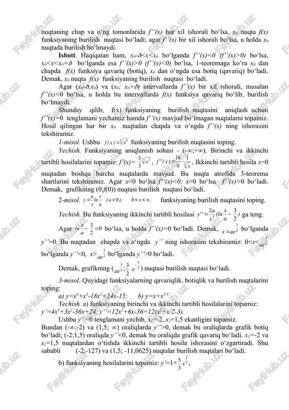 imptota bo‘ladi. (39-rasm) 2. og‘ma asimptota. og‘ma asimptota tenglamasini y=kx+b ko‘rinishda izlaymiz. bir xil abssissali egri chiziq ordinatasi va asimptota ordinatasi orasidagi masofa 39-rasm x(+( yoki x(-( da nolga intilishini ko‘rsatamiz. faraz qilaylik, m va n abssissasi x ga teng bo‘lgan egri chiziqdagi va asimptotadagi nuqtalar, (40-rasm) mp esa m nuqtadan asimptotagacha bo‘lgan masofa, ( ((((/2) asimptotaning ox o‘qining musbat yo‘nalishi bilan hosil qilgan burchagi bo‘lsin. u holda (mnp uchburchakdan mp=mncos(, bundan esa mn=mp/cos( tenglikkaegabo‘lamiz. bu tenglikdan, agar mp nolga intilsa, 40-rasm u holda mn ham nolga intilishi, va aksincha, agar mn nolga intilsa, u holda mp nolga intilishi kelib chiqadi. shunday qilib, agar x(+( yoki x( -( da f(x)-kx-b ayirma nolga intilsa, u holda y=kx+b to‘g‘ri chiziq y=f(x) funksiya grafigining asimptotasi bo‘lar ekan. bundan embed equation.3 (f(x)-kx-b)=0 shart y=kx+b to‘g‘ri chiziqning y=f(x) funksiya grafigining og‘ma asimptotasi bo‘lishi uchun zaruriy va yetarli shart ekanligi kelib chiqadi. xususan, y=b gorizontal asimptota …