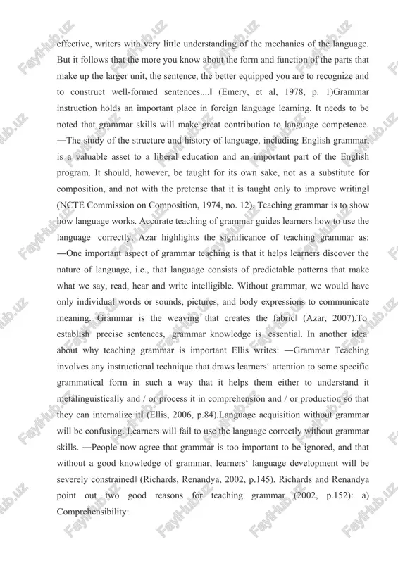 on to some specific grammatical form in such a way that it helps them either to understand it metalinguistically and / or process it in comprehension and / or production so that they can internalize it‖ (ellis, 2006, p.84).language acquisition without grammar will be confusing. learners will fail to use the language correctly without grammar skills. ―people now agree that grammar is too important to be ignored, and that without a good knowledge of grammar, learners‘ language development will be severely constrained‖ (richards, renandya, 2002, p.145). richards and renandya point out two good reasons for teaching grammar (2002, p.152): a) comprehensibility: knowing how to build and use certain structures makes it possible to communicate common types of meaning successfully. without these structures, it is difficult to make comprehensible sentences. we must, therefore, try to identify these structures and teach them well. 1. b) acceptability: in some social contexts, serious deviance …