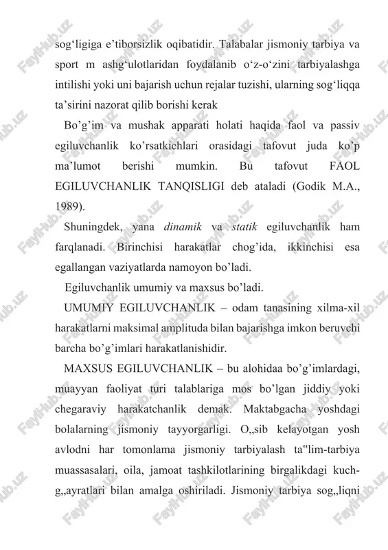 gdek, muvozanat saqlash qobiliyatini rivojlantirish zaruriyati qayd etiladi. a.v.keneman va d.b.xuxlaevaning o‟quv qo‟llanmasida kuch, chidamlilik, egiluvchanlik, chaqqonlik, tezkorlik kabi jismoniy sifatlarni, muvozanatni saqlash qobiliyatini alohida ajratgan holda rivojlantirish zarurati xususida so‟z boradi. ayni vaqtda maktabgacha ta‟lim muassasasidagi jismoniy tarbiya vazifalarida kichik yoshlardan boshlab jismoniy sifatlarni maqsadli yo‟naltirish zarurati to‟g‟risidagi mulohazalarning yo‟qligi e‟tiborni tortadi. faqat tayyorlov guruhi uchun dasturda chaqqonlik, tezkorlik, chidamlilik va kuchni takomillashtirishning maqsadga muvofiqligi haqidagi muayan eslatma paydo bo‟ladi. a.n.livitskiy, x.a.meliev va boshqalar fikriga ko‟ra, maktabgacha ta‟lim muassasalaridagi o‟qitish va tarbiyaga oid mavjud dasturlar tahlili bolalar bilan kun tartibida o‟tkaziladigan jismoniy tadbirlarning bosh vazifasi asosiy harakatlarning shakllanishi ekanligidan dalolat beradi. mazkur maqsadni ro‟yobga chiqarish uchun ularda, odatda, jismoniy mashqlar va harakatli o‟yinlardan iborat bo‟lgan keng qamrovli o‟quv materiali taqdim etilganpedagogik tajribani rejalashtirish va uning mazmuni maktabgacha yoshdagi bolalarning jismoniy tarbiyasi ustidagi tajribalarni rejalashtirish 3-ilovada takdim etilgan sxema asosida amalga oshirildi. besh hafta davomida maktabgacha yoshdagi bolalar shu maqsadda …