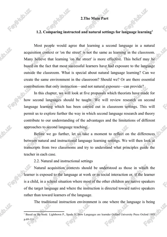 r teaching is not selected on the basis of teaching a specific feature of the language, but on teaching learners to use the language in a variety of contexts. students' success in these courses is often measured in terms of their ability to 'get things done' in the second language, rather than on their accuracy in using certain grammatical features. in the chart below, mark a plus (+) if the characteristic in the left-hand col​umn is typical of the learning environment in the three remaining columns. mark a minus (-) if it is not something you usually find in that context. write '?' if you are not sure. table 1: comparison of natural and instructional settings characteristics natural acquisition traditional instruction communicative instruction error correction learning one thing at a time ample time available for learning high ratio of native speakers to learners variety of language and discourse types pressure …