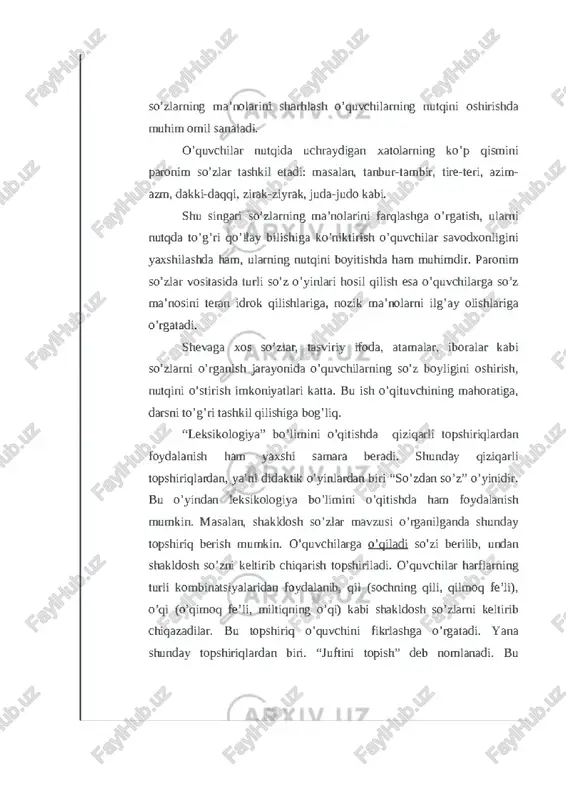 bj qil (sochning qili, qilmoq feii), o ’qi (o’qimoq fejli, miltiqning o ’qi) kabi shakldosh so’zlarni keltirib chiqazadilar. bu topshiriq o ’quvchini fikrlashga o'rgatadi. yana shundav topshiriqiardan biri. “juftini topishv deb nomianadi. bu