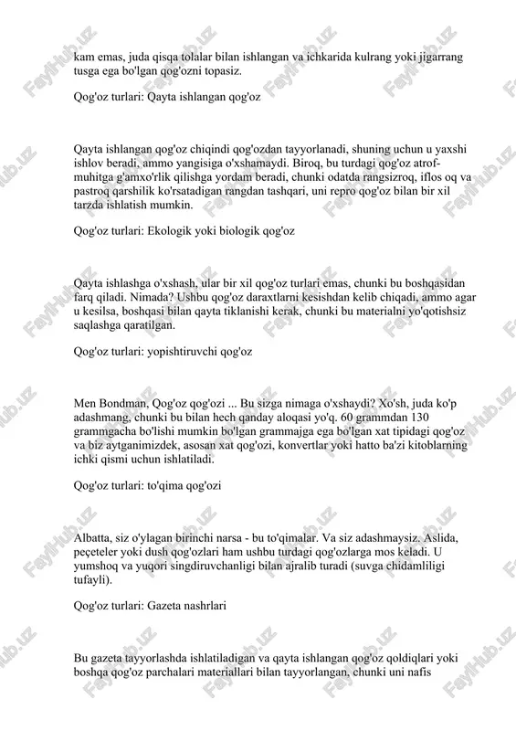 urlari: ekologik yoki biologik qog'oz qayta ishlashga o'xshash, ular bir xil qog'oz turlari emas, chunki bu boshqasidan farq qiladi. nimada? ushbu qog'oz daraxtlarni kesishdan kelib chiqadi, ammo agar u kesilsa, boshqasi bilan qayta tiklanishi kerak, chunki bu materialni yo'qotishsiz saqlashga qaratilgan. qog'oz turlari: yopishtiruvchi qog'oz men bondman, qog'oz qog'ozi ... bu sizga nimaga o'xshaydi? xo'sh, juda ko'p adashmang, chunki bu bilan hech qanday aloqasi yo'q. 60 grammdan 130 grammgacha bo'lishi mumkin bo'lgan grammajga ega bo'lgan xat tipidagi qog'oz va biz aytganimizdek, asosan xat qog'ozi, konvertlar yoki hatto ba'zi kitoblarning ichki qismi uchun ishlatiladi. qog'oz turlari: to'qima qog'ozi albatta, siz o'ylagan birinchi narsa - bu to'qimalar. va siz adashmaysiz. aslida, peçeteler yoki dush qog'ozlari ham ushbu turdagi qog'ozlarga mos keladi. u yumshoq va yuqori singdiruvchanligi bilan ajralib turadi (suvga chidamliligi tufayli). qog'oz turlari: gazeta nashrlari bu gazeta tayyorlashda ishlatiladigan va qayta ishlangan qog'oz qoldiqlari yoki boshqa qog'oz parchalari materiallari bilan tayyorlangan, …