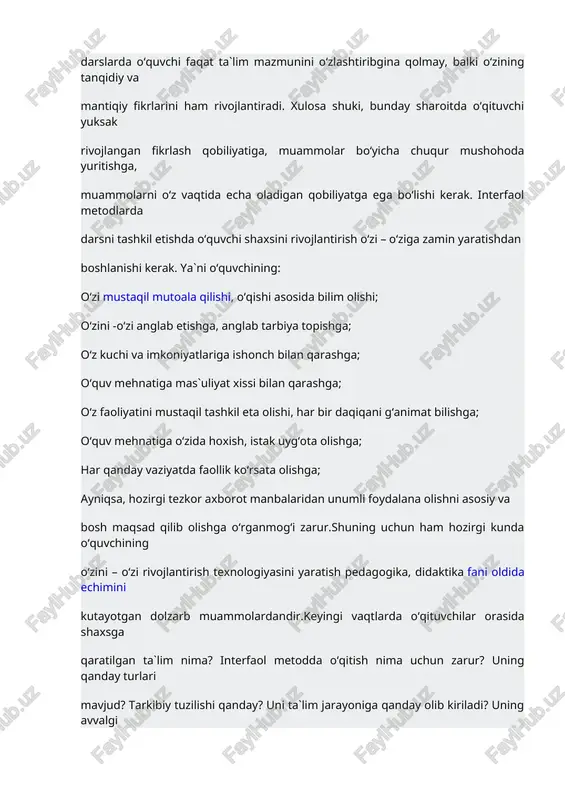 yagona klassik tizimini ishlab chiqib, uni sinf – dars sistemasi deb yuritadi. keyinchalik bu sistema pedagogikada keng tarqalgan. an`anaviy maktab sinf dars sistemasi quyidagicha o‘ziga xos an`analarga ega: taxminan bir xil yoki yaqin yoshli, tayyorgarlik darajasi yaqin bolalar sinfni tashkil etadi.sinf yagona reja, dastur, darslik, dars jadvali asosida ishlaydi. mashg‘ulot turi asosan yagona dars hisoblanadi. dars ma`lum bir o‘quv predmeti, mavzuga oid bir xil material ustida ishlaydi.o‘quvchilar faoliyatini o‘qituvchi boshqaradi, har bir o‘quvchining bilim darajasini baholaydi, yil oxirida o‘quvchini sinfdan – sinfga ko‘chirishni ham u hal qiladi, ya`ni o‘quvchilarning taqdirining hal etilishi o‘qituvchi qo‘lidadir. endi interfaol metodlarga batafsilroq to‘xtalamiz. interfaol metodlar – shunday metodlarki, u o‘quvchilarning o‘zaro muloqot va o‘zaro ta`siridagi dars jarayonini amalga oshiruvchi usuldir. 2.interfaol ta‟lim metodlarini tasniflash. yuqorida aytilganlardan interfaol ta‘lim metodlarini tegishlicha tahlil qilish va shu asosda ularni tasniflash zarurati ma‘lum bo‘ladi. quyida ushbu masala yuzasidan umumiy mulohazalarni keltiramiz.bu metodlarni tasniflashda ularni interfaol metodlar, interfaol ta‘lim …