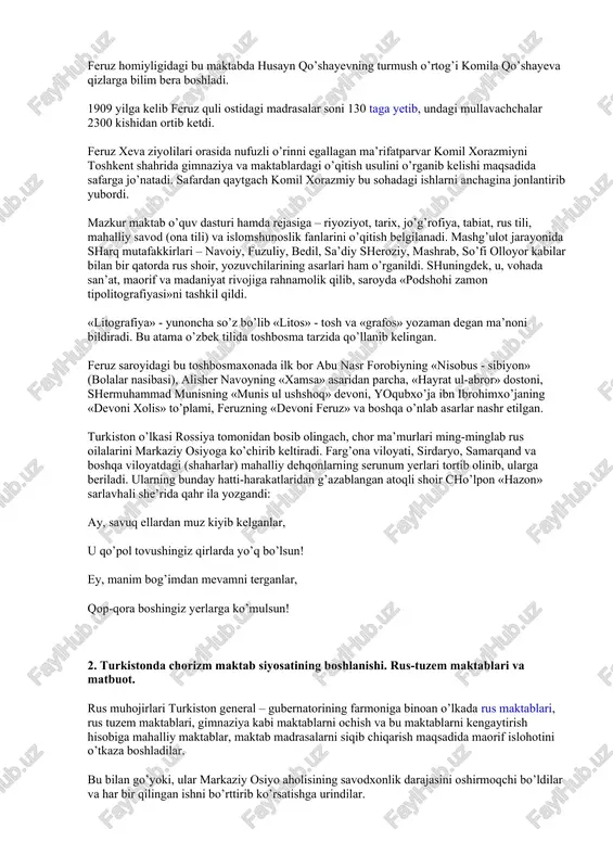 uquqiga ega bo’lar edi. maktab va madrasalarda asosan o’g’il bolalar o’qitilar edi. shaharlardagi diniy maktablarda ba’zi domlalarning xotinlari – otinoyilar qizlarni ham o’qitish bilan shug’ullanar edilar. maktab va madrasalarda dars o’zbek, arab va fors-tojik tillarida olib borilardi. musulmon maktablarida ta’lim tizimi 5 toifaga bo’lingan edi. quyi maktab – bu maktablarda o’g’il bolalarga savod o’rgatishgan (4 yil). xalilxona maktabi – (namoz) yod oldirib o’rgatilgan. qorixona - qur’on yod olingan. madrasa. maktab internat – o’rta madrasa. bu maktabda ham diniy, ham dunyoviy fanlar o’qitilib, o’rta ma’lumot berilgan. markaziy osiyo rossiya tomonidan bosib olingandan keyin maktab va madrasalarda ba’zi o’zgarishlar yuz berdi. musulmon maktablari uchun bosmaxonaga chop qilingan darsliklar paydo bo’ldi. qozondan bosmaxonada nashr qilingan qur’on va haftiyaklar, hindiston va erondan shoirlarning litografiyada chop qilingan to’plamlari keltirildi, toshkentning o’zida ham maktablar uchun darsliklarni litografiya usulida nashr qilish yo’lga qo’yildi. mustamlaka ma’muriyati mashg’ulotlar o’rta asr tartibida olib borilayotgan musulmon maktablarining ishiga aralashmas edilar. ammo …