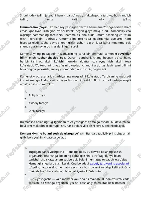 liqqa, ya’ni xudoga tegishli, deydi. komenskiy o’zining pedagogik nazariyasida tarbiyaning tabiatga uyg’un bo’lishi to’g’risidagi tushunchani ilgari suradi. «buyuk didaktika»da o’qitish tabiiylikka bo’ysunishi, o’qitish tabiat talabiga bo’ysunishi kerak, deydi. bolaning aqliy va jismoniy o’sish jarayoni tabiatdagi o’sish jarayoniga o’xshagan bo’ladi. masalan, bog’bon daraxtlarni parvarish qiladi, uning o’sish xususiyatlarini hisobga oladi. xuddi shunday o’qituvchi tarbiyalash qonuniyatiga bo’ysinadi. o’qitish jarayoni tabiatga o’xshab sekinlik bilan amalga oshadi. tabiiylik prinsipida kishini tabiatning bir bo’lagi deb qarashi (xudo tomonidan bunyod etilmagan) tabiat qonunlari uning o’sishiga ta’sir etadi deyishi o’z davrida ilg’or sanaladi. lekin kishi ijtimoiy borliq bo’lib, ijtimoiy qonun ta’sirida o’sadi. komenskiy, tarbiyachi boladagi iste’dodni o’stirishi kerak. agar bola pedagogik ta’sirsiz yashasa, bu iste’dod tasodifan o’sadi. kishi dunyoga kelganda kishiga xos iste’dodga ega bo’ladi. xuddi olmadagi urug’ga o’xshab ba’zida ko’proq, ba’zida kamroq bo’ladi. komenskiy tarbiyaning tabiatga uyg’unlik masalasida hamma narsaning asosi 4 ta deydi. masalan: olam 4 narsadan yuzaga kelgan, ya’ni; yer, suv, havo, yorug’lik. dunyoning …