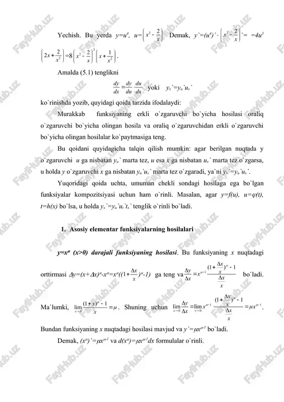 ko`rish qiyin emas: (au(x))`= au(x)(u`(x)(lna, d(au(x))= au(x)(u`(x)(lna(dx. masalan, (35x-3)`=35x-3((5x-3)`(ln3=5(35x-3(ln3. 2. logarifmik hosila. daraja-ko`rsatkichli funksiyaning hosilasi. y=logax (a>0, a(1, x>0) logarifmik funksiyaning hosilasi. bu funksiya x=ay funksiyaga nisbatan teskari funksiya bo`lgani uchun teskari funksiyaning hosilasini topish qoidasiga ko`ra ya`ni . xususan, formula o`rinli. bu formulalardan quyidagi muhim xulosani chiqarish mumkin: =0, ammo (logax)` geometrik nuqtai nazardan y=logax funksiya grafigiga abssissasi x ga teng bo`lgan nuqtada o`tkazilgan urinmaning burchak koeffitsientiga teng. shunday qilib, =0, ya`ni =0, bu esa yetarlicha katta x lar uchun urinma abssissalar o`qiga «deyarli parallel» bo`lishini anglatadi. bu holni funksiya grafigini chizishda hisobga olish zarur. logau(x) funksiya uchun quyidagi formula o`rinli: . 3. trigonometrik funksiyalarning hosilalari y=sinx funksiyaning hosilasi. funksiyaning x nuqtadagi orttirmasini sinuslar ayirmasi formulasidan foydalanib topamiz: . funksiya orttirmasining argument orttirmasiga nisbati ga teng. bu tenglikda birinchi ajoyib limit va cosx funksiyaning uzluksizligini e`tiborga olgan holda limitga o`tsak, bo`ladi. demak, (sinx)`=cosx formula o`rinli. y=cosx funksiyaning hosilasi. bu …
