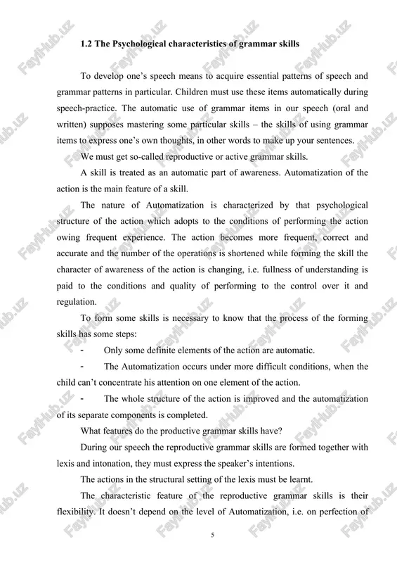 ress the speaker’s intentions. the actions in the structural setting of the lexis must be learnt. the characteristic feature of the reproductive grammar skills is their flexibility. it doesn’t depend on the level of automatization, i.e. on perfection of skill here mean the original action: both the structure of sentence, and forms of the words are reproduced by the speaker using different lexical material. if the child reproduces sentences and different words, which have been learnt by him as “a ready-made thing” he can say that there is no grammar skill. learning the ready-made forms, word combinations and sentences occurs in the same way as learning lexis. the grammar skill is based on the general conclusion. the grammar action can and must occur only in the definite lexical limits, on the definite lexical material. if the pupil can make up his sentence frequently, accurately and correctly from the grammatical point …