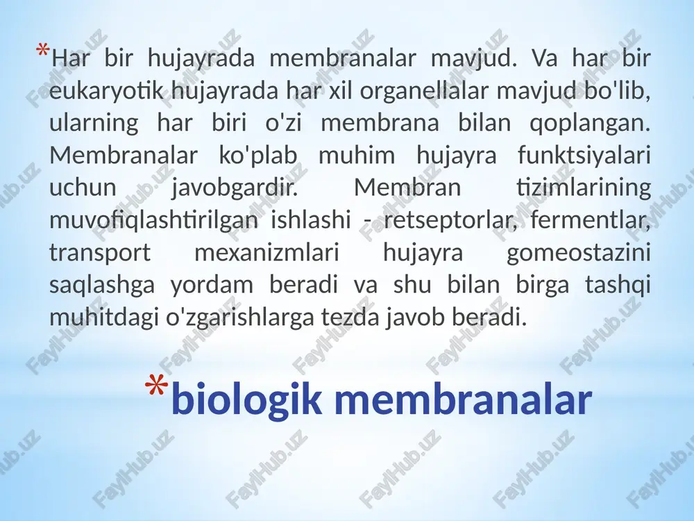 bilan ifodalanadi. uglevod qismining uzunligi va tuzilishiga qarab, mono- yoki oligosaxarid qoldig'i bo'lgan serebrozidlar va oh guruhiga n-atsetilneuramin kislotasi bo'lgan murakkab, shoxlangan oligosaxarid biriktirilgan gangliozidlar mavjud. xolesterin. xolesterin hayvon hujayralarining barcha membranalarida mavjud. uning molekulasi qattiq hidrofobik yadro va moslashuvchan uglevodorod zanjiridan iborat bo'lib, yagona gidroksil guruhi "qutb boshi" dir. hayvon hujayrasi uchun o'rtacha xolesterin/fosfolipid molyar nisbati 0,3-0,4 ni tashkil qiladi, ammo plazma membranasida bu nisbat ancha yuqori (0,8-0,9). membranlarda xolesterin mavjudligi yog 'kislotalarining harakatchanligini pasaytiradi, lipidlar va oqsillarning lateral tarqalishini kamaytiradi va shuning uchun membrana oqsillarining funktsiyalariga ta'sir qilishi mumkin. membranalar suyuqlik (suyuqlik), lipidlar va oqsillarning lateral diffuziya qobiliyati bilan tavsiflanadi. molekulalarning harakat tezligi membranalarning mikroqovushqoqligiga bog'liq bo'lib, bu o'z navbatida lipidlar tarkibidagi to'yingan va to'yinmagan yog'li kislotalarning nisbiy miqdori bilan belgilanadi. agar lipidlar tarkibida to'yinmagan yog' kislotalari miqdori yuqori bo'lsa, mikroqovushqoqlik past bo'ladi, to'yingan yog' kislotalari miqdori yuqori bo'lsa mikroqovushqoqlik yuqori bo'ladi. membrananing suyuqligi lipidlarning tasnifi gidrolizlash qobiliyatiga …
