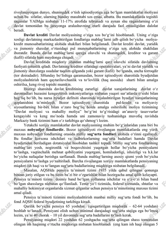 an pul fondlarini shakllantirish va ulardan foydalanish) kelib chiqiladigan bo‘lsa, taqsimlash bosqichida ularning roli nisbatan kattaroq ekanligi yaqqol ko‘rinadi. takror ishlab chiqarish jarayonining bu bosqichida (taqsimlashda) barcha ijtimoiy manfaatlar va shunga muvofiq ravishda, jamiyatning barcha qarama-qarshiliklari namoyon bo‘ladi. takror ishlab chiqarish jarayonida davlat moliyasining rolini aniqlab olish uchun ularni bir necha belgilar bo‘yicha klassifikatsiya qilish mumkin. agar davlat xarajatlariga tovarlar yoki mehnatda ifodalangan xizmatlar qarama-qarshi turadigan bo‘lsa, u holda davlat pul mablag‘lari oqimlarining boshqa ne’matlarga o‘ziga xos tarzda transformatsiyalashuvi sodir bo‘ladi va shu munosabat bilan bunday xarajatlarni transformatsion xarajatlarga kiritish mumkin. ularning orasidan quyidagilarni ajratib ko‘rsatish mumkin: · davlat iste’moli (davlat sektori ishchilarining ish haqi, joriy ehtiyojlarni qoplash uchun davlat tomonidan sotib olingan tovarlar uchun to‘lovlar, ishlab chiqarishni dotatsiyalashtirish; davlat qarziga xizmat ko‘rsatish, byudjetlararo subsidiyalar va shu erda ko‘rsatilgan maqsadlar uchun foydalaniladigan ssudalar); · davlat investitsiyalari (davlat korxonalari va tashkilotlarining asosiy kapitali va aylanma fondlarining o‘sgan qismiga quyilmalar, davlat zaxiralari …