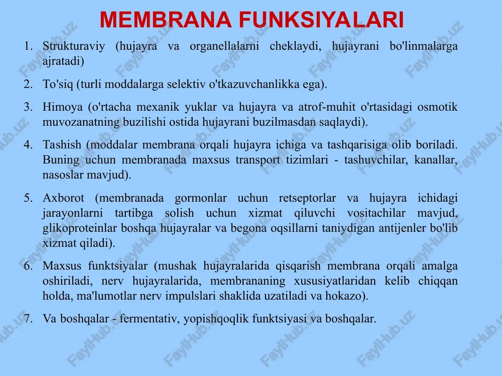 mlanadi. shaklda. bir aminokislotaning karboksil guruhi va boshqasining aminokislota guruhi o'rtasida bog'lanish hosil bo'lishi ko'rsatilgan. proteinlar - yuqori molekulyar kimyoviy birikmalar - monomerlari aminokislotalar bo'lgan polimerlar. * proteinlar birlamchi tuzilishga qarab shakllanishi mumkin: - uchinchi darajali tuzilish (globulyar), barcha turdagi zaif o'zaro ta'sirlar (vodorod aloqalari, elektrostatik, van der vaals va hidrofobik o'zaro ta'sirlar) bilan belgilanadi. ba'zida oqsil tarkibida oltingugurt o'z ichiga olgan aminokislotalar mavjud: kovalent aloqalar hosil bo'ladi - disulfid ko'priklar. - ikkilamchi tuzilma. u vodorod (zaif) bog'lar bilan mahkamlanadi va ikkita asosiy shaklda mavjud - alfa spiral (bitta polipeptid zanjirining aminokislotalari o'rtasida) va beta buklangan struktura (bir nechta zanjirlar orasida). disulfidniy mostik ionnaya svyaz gidrofobnaya svyaz vodorodnaya svyaz - to'rtlamchi tuzilish - uchinchi darajali tuzilishdagi bir nechta oqsil molekulalarining ustki tuzilishi. zaif shovqinlar bilan tuzatilgan. etakchi rolni hidrofobik shovqinlar o'ynaydi. protein molekulasining uchinchi va to'rtlamchi tuzilishdagi zaif o'zaro ta'sirlar bilan fiksatsiyasi oqsilning ishlashida katta rol o'ynaydi. bu esa oqsilning …