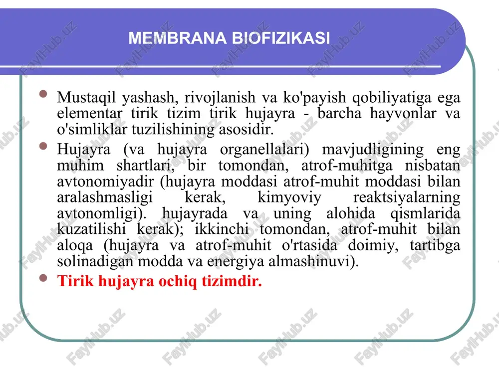 yohvand moddalar ta'sirida, masalan, xloroformda kamayadi. biologik membranalarning funksiyalari biologik membranalarning asosiy vazifalari to'siq - atrof-muhit bilan selektiv, tartibga solinadigan, passiv va faol metabolizmni ta'minlaydi (selektiv - selektiv degan ma'noni anglatadi: ba'zi moddalar biologik membrana orqali tashiladi, boshqalari esa yo'q; sozlanishi - membrananing ayrim moddalar uchun o'tkazuvchanligi genom va genomga qarab o'zgaradi. hujayraning funktsional holati) matritsa - membrana oqsillarining ma'lum bir o'zaro joylashishini va yo'nalishini ta'minlaydi, ularning optimal o'zaro ta'sirini ta'minlaydi (masalan, membrana fermentlarining optimal o'zaro ta'siri). biologik membranalarning funksiyalari mexanik - hujayraning, hujayra ichidagi tuzilmalarning mustahkamligi va avtonomiyasini ta'minlaydi. energiya - mitoxondriyaning ichki membranalarida atp sintezi va xloroplast membranalarida fotosintez biopotentsiallarni hosil qilish va o'tkazish retseptorlari (mexanik, akustik, hid bilish, vizual, kimyoviy, termoreseptor - membrana jarayonlari) va boshqa ko'plab funktsiyalar osnovnie vidi transporta veshestv cherez membranu biologik membranalar membrana orqali maddalarning asosiy turlari. moddalarning membrana orqali passiv o'tishi - elektrokimyoviy potentsialning katta qiymati bo'lgan joydan uning qiymati past bo'lgan …