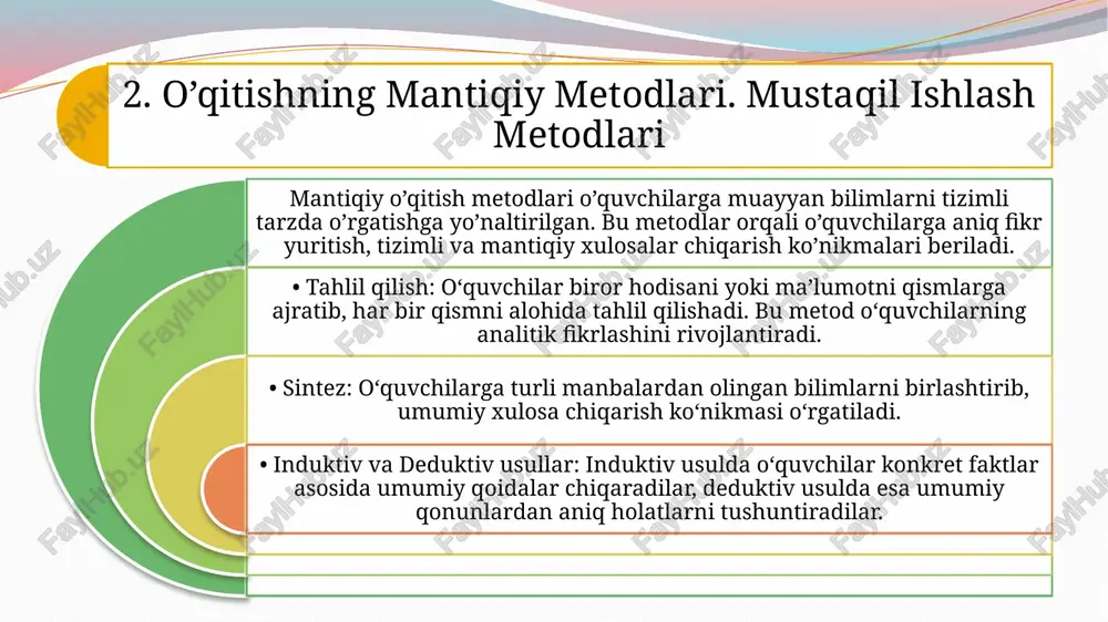 ashadi. • tabiat bilan bevosita aloqa: o‘quvchilarga tabiatda biologik muhitni kuzatish, o‘simliklar va hayvonlar turini o‘rganish, ekotizimlarni tahlil qilish orqali tabiiy bilimlarni oshirish. 5. biologiyani o‘qitishda lokal darajadagi pedagogik texnologiyalardan foydalanish ta’lim jarayoni va o‘qitish turlari har biri o‘zining ahamiyati va o‘quvchilarga ta’siri bilan farq qiladi. ta’lim jarayonining samarali tashkil etilishi va o‘qitish metodlarining to‘g‘ri tanlovi o‘quvchilarning bilim olishda muvaffaqiyatini ta’minlashga xizmat qiladi. zamonaviy ta’limda o‘qitish metodlarini birlashtirish, o‘quvchilarning qiziqishini uyg‘otish, ularni faollashtirish va mustaqil o‘rganish qobiliyatlarini rivojlantirishga katta ahamiyat berilishi kerak. shuningdek, texnologiyalardan samarali foydalanish o‘qitish jarayonini yanada jonli va samarali qiladi. o‘qituvchilarni zamonaviy metodlar va texnologiyalar bilan tanishtirish, o‘quvchilarning o‘rganish jarayonini eng yaxshi tarzda tashkil etish, ta’lim jarayonining sifatini oshirishda muhim omil bo‘ladi. xulosa adabiyotlar: 1. tolipova. j, a.t. g`ofurov. biologiya o`qitish metodikasi. toshkent. bilim.2004. 2. verzilin n.m, v.m. korsunskaya. biologiya o`qitishning umumiy metodikasi. tosh. o`qit. 1983. 3. j.g`. yo`ldoshev, s.a. usmonov. pedagogik texnoldogiya asoslari. tosh. o`qit. 2004. …