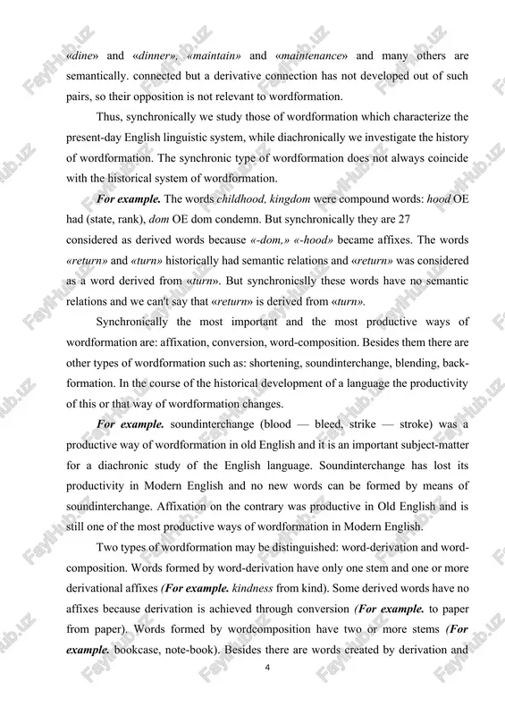 ion is the creation of a new word. in other words, it refers to the ways in which new words are made on the basis of other words or morphemes. there are a lot of ways of word formation. they are the followings: 1. derivation: in linguistics, derivation is the process of forming a new word on the basis of an existing word. for e.g. the word happiness and unhappy are derived from the word happy. similarly, the word determination has been derived from determine. derivation is the process of forming a new word by means of affixation (prefix, inflix and suffix). words which consist of a root and an affix (or several affixes) are called derived words or derivatives and are produced by the process of word-building known as affixation (or derivation). derived words are extremely numerous in the english vocabulary. successfully competing with this structural type is the …