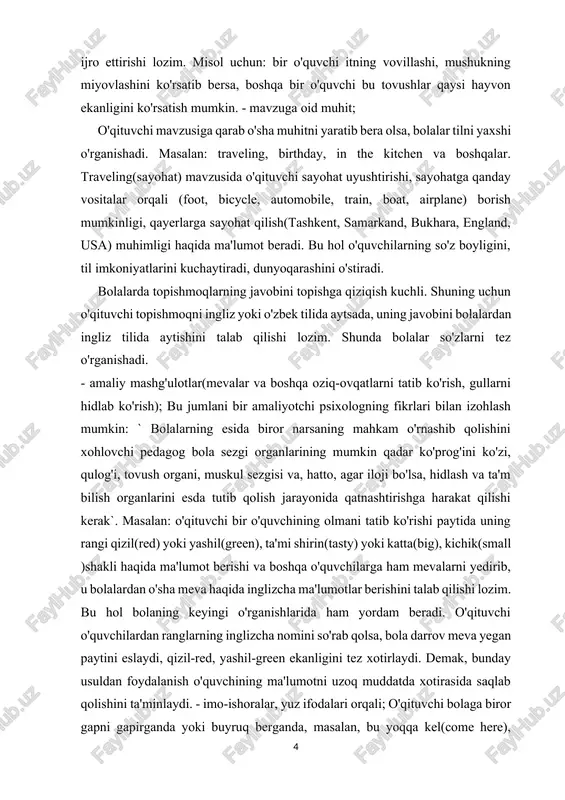 ch(open the book), turing(stand up), doskaga qarang(look at the blackboard) kabi gaplarda imoishoralardan foydalansa bolaga tushunarli bo'ladi. - ko'rgazmali qurollar, plakatlar, kitoblar orqali; - ko'zga ko'rinadigan va kundalik hayotda ko'p ishlatiladigan narsa, buyumlarga yozish. masalan:eshik(door), kitob(book), stol(table), doska(blackboard), oyna(window) va shu kabilarga yozish. bunday narsa-buyumlar doimo ko'zga tushib turishi va amliyotda ko'p qo'llanishi bois, bola bu so'zlarni ixtiyorsiz tarzda o'rganadi. – yangiliklar orqali; bilamizki, bolalar qiziquvchan. ular bir xillikdan tez zerikadi. shuning uchun ularga har doim bir turdagi usullardan foydalanib dars o'tish emas, balki bunday usullarni o'zgartirib, yangilab dars o'tish lozim. aks holda bolalar o'qituvchining qanday dars o'tishini fahmlab olishadi va bunga tayyorgarlik ko'rishadi. usullarni yangilab dars o'tish bolalarning intilishlarini oshiradi. boshlang’ich sinflarda ingliz tilini o’qitishning samarali usullari va yo’llari. boshlang’ich ta’limdagi eng asosiy va ijobiy o’zgarishlarga sabab bo’lgan qarorlardan biri bu o’zbekiston respublikasi birinchi prezidentining 2012-yil 10-dekabrdagi “chet tillarini o’rganish tizimini yanada takomillashtirish chora tadbirlari to’g’risida’’ pq-1875-sonli qaroridir. ushbu …