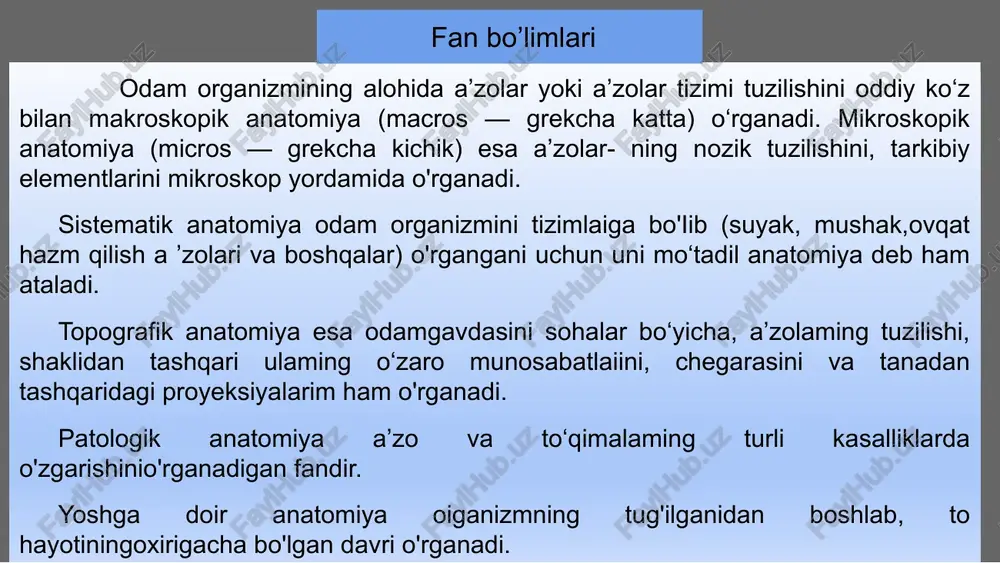 rdan holi emas. abu all ibn sino (980-1037-y.). yevropada avitsenna nomi bilan mashhur. abu ali ibn sino xorazm va eronda saroy tabibi bo'lib xizmat qilgan. tibbiyot sohasidagi buyuk xizmatlari, kashfiyotlari uni butun dunyoga mashhur qilgan. ibn sino 450 dan ortiq asar yozganligi qayd etilgan, lekin uning 242 tasi bizgacha yetib kelgan. shulardan 43 tasi tabobatga oiddir. ibn sinoning tabobatga oid eng yirik shoh asari «tib qonunlari» 1012— 1023-yillarda yozilgan. u o'zining buyuk va o'lmas asarida tibbiyot sohasidagi barcha ma’lumotlami to‘plab qolmasdan, o‘z kuzatishlari, tekshirishlari va tushunchalaii bilan asami boyitgan. kitob besh jildlik bo‘lib, birinchi jildi anatomiya va fiziologiyaga bag'islilangan. kitob turli tillarda 40 marta qayta nashr etildi va dunyodagi barcha mamlakatlarda 600 yildan ziyodroq vaqt ichida tibbiyot bilim yurtlarida asosiy o ‘quv qo‘llanma bo'lib xizmat qilib keldi. ibn sino odam organizmini o'rganishda uning konstitutsiyasiga birinchi bo'lib e ’tibor berdi. «tib qonunlari» jildlarida ichki kasalliklar, xirurgiya, farmakologiya, gigiyena va tibbiyotning barcha …