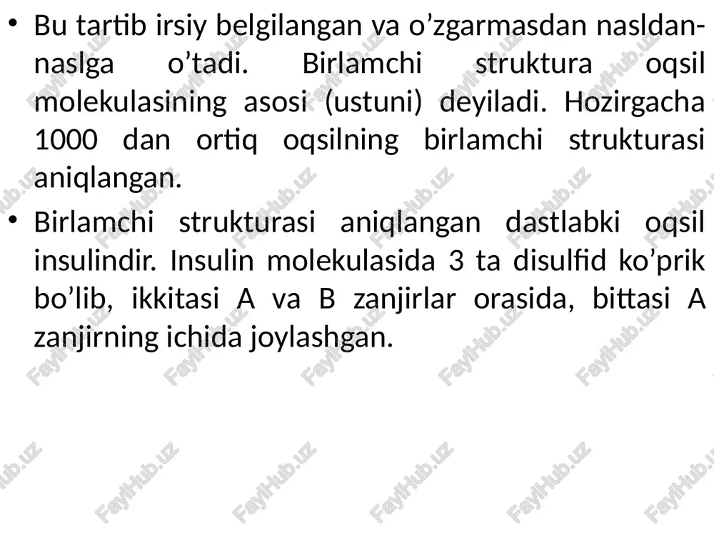 idlar (vazopressin, oksitotsin); 2) ovqat hazm qilishda ishtirok etadigan peptidlar (gastrin va sekretin); 3) qon zardobida uchraydigan peptidlar (ya’ni angiotenzin, bradikinin va kallidin); 4) neyropeptidlar tirik organizmda oqsil bilan bogʼlanmagan yuzlab erkin peptidlar uchraydi. ularning koʼplari: bir qator ichki sekretsiya bezlarining qonga ajratadigan mahsuloti — gormonlar (insulin), xayvon va hasharotlarning zaharlari, nerv hujayralarida sintez qilinadigan kichik molekulali birikmalar — neyropeptidlar, asosan mikroorganizmlar ishlab chikaradigan antibiotiklar biologik faol molekulalardir. eng kichik peptidlar — dipeptidlar anserin va karnozin muskullarda uchraydi. 2- reja bo’yicha sodda qilib xulosa qilsak shartli ravishda 50ta aminokislotadan kam bo’psa peptid, 50 dan ko’p bo’lsa oqsil deb ataladi oqsillarning sinflarga bo’linishi barcha oqsillar sodda va murakkab tuzilishiga qarab ikki katta guruhga: oddiy oqsillar- bular bir komponentli bo'lib, ular gidroliz qilinganda faqat aminokislotalar hosil bo'ladi. ikkinchisi esa murakkab oqsillar bo'lib, tarkibida aminokislota va qo'shimcha guruhlar bo'ladi. qo'shimcha modda lipid, uglevod; nuklein kislotalar bo'lishi mumkin. murakkab oqsillarni prostetik guruhiga qarab lipoprotein, …