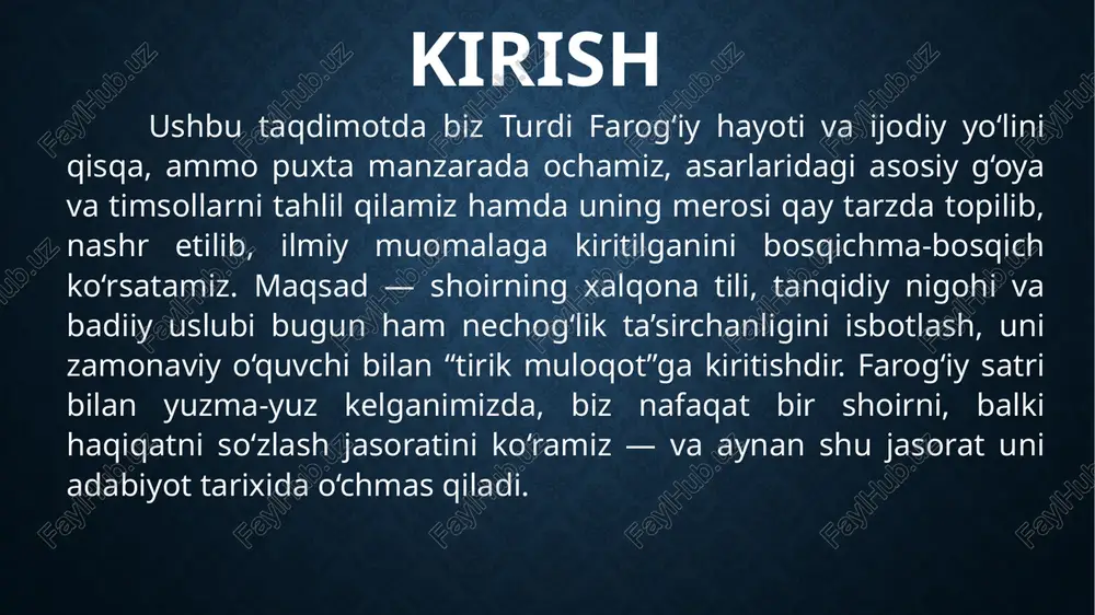 sb ila molin olib, qo‘ymadingizlar bitini… deb xitob qiladi. adabiy meros hajman katta emas, biroq badiiy zichlik va g‘oyaviy qat’iyat bilan ajralib turadi. yetib kelgan she’rlar to‘plami satirik ruhning erta va pishiq namunalaridan biri sifatida mumtoz adabiyotimizda alohida sahifani egallaydi. farog‘iy g‘azallari lirikaning nafis ohangini saqlagan holda, so‘zning ma’naviy mas’uliyatini ham yuksak qo‘yadi; hajvlari esa badiiylikdan voz kechmagan holda, ijtimoiy tashxisning aniq va ishonchli vositasiga aylanadi. natijada u o‘zbek she’riyatida realistik nigohni, xalq hayotiga yaqin obraz va tildan foydalanish madaniyatini mustahkamlagan shoir sifatida ko‘rinadi. turdiyman qatrayam nochiz,ammo zoti qulzum turdiyman, kelturan amvojg’a bahri talotum turdiyman. qirq,yuz,ming aqrabolar etdilar mandin nufur, ne balo,baxti qarou tolui shum turdiyman. rishtadek ming pechu tob chashmi so’zandin o’tar, bovujudi e’tibori chashmi mardum turdiyman. farog‘iy merosiga yuz tutgan o‘quvchi faqat badiiy matnni emas, balki davrning tirik hujjatini o‘qiydi. har satrda tarixiy fon, ruhiy kayfiyat va fuqarolik jasorati seziladi. shu jihatlar uni bugun ham muhim qiladi: adolat …