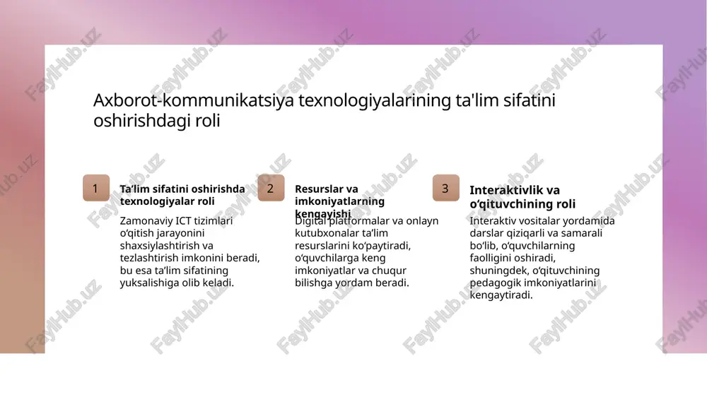 tish imkoniyatlari kengaymoqda. digital platformalar yordamida ta’lim resurslarini ko‘paytirish va o‘quv jarayonini diversifikatsiya qilish 1 raqamli platformalar imkoniyatlari digital platformalar ta’lim resurslarini kengaytiradi, o‘quvchilar va pedagoglarga interaktiv materiallar, videolar va testlarni osonlik bilan ulash imkonini beradi. 2 diversifikatsiya usullari bu platformalar yordamida ta’lim jarayoni turli usullar bilan boyitiladi: onlayn kurslar, videokonferensiyalar, va mobil ilovalar orqali ta’lim kengroq qamrab olinadi. 3 resurslarni samarali boshqarish digital platformalar yordamida ta’lim resurslari markazlashtiriladi, yangilanishi va tarqatilishi osonlashadi, shuningdek, o‘quvchilarning individual ehtiyojlariga moslashtiriladi. zamonaviy axborot-kommunikatsiya texnologiyalari orqali ta’lim muhitini global miqyosda rivojlantirish globallashuv imkoniyati onlayn platformalar interaktiv aloqalar zamonaviy ict vositalari orqali ta'lim muhitini dunyo bo'ylab rivojlantirish mumkin. bu, global hamkorlik va onlayn kurslar bilan ta'lim sifatini oshiradi. digital platformalar yordamida o'quv resurslari kengayadi, xalqaro tajribalar va malakali mutaxassislar bilan bog'lanish imkoniyatlari yaratiladi. zamonaviy texnologiyalar yordamida talabalar va o'qituvchilar o'rtasida real vaqtda aloqa o'rnatiladi, bu esa ta'lim jarayonini global darajaga ko'taradi. xulosa 1 zamonaviy ict …